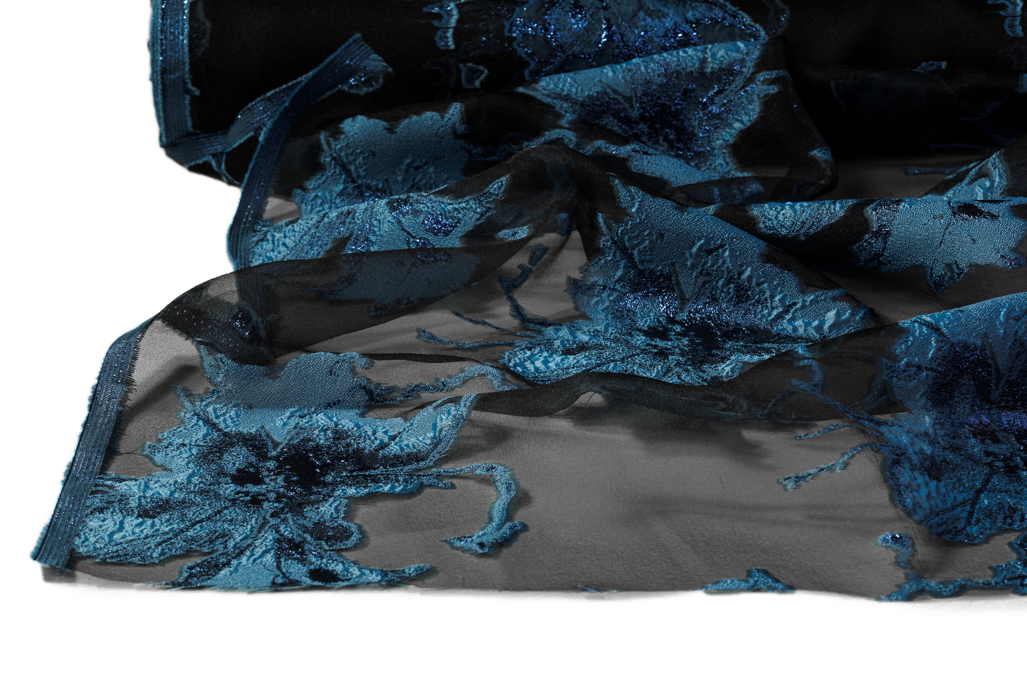 Floral Metallic Organza Fil Coupé - Blue / Black