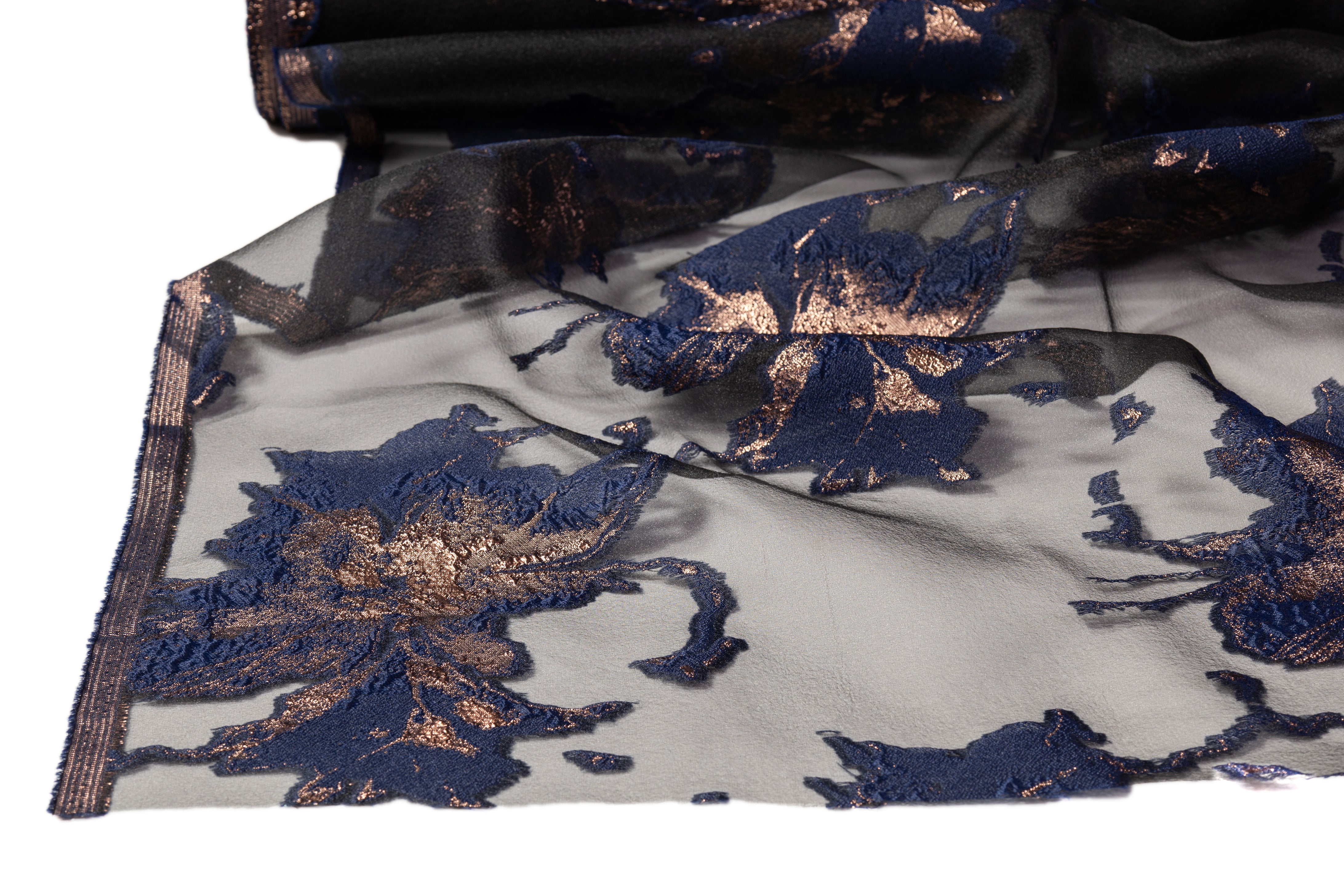 Floral Metallic Organza Fil Coupé - Navy / Bronze