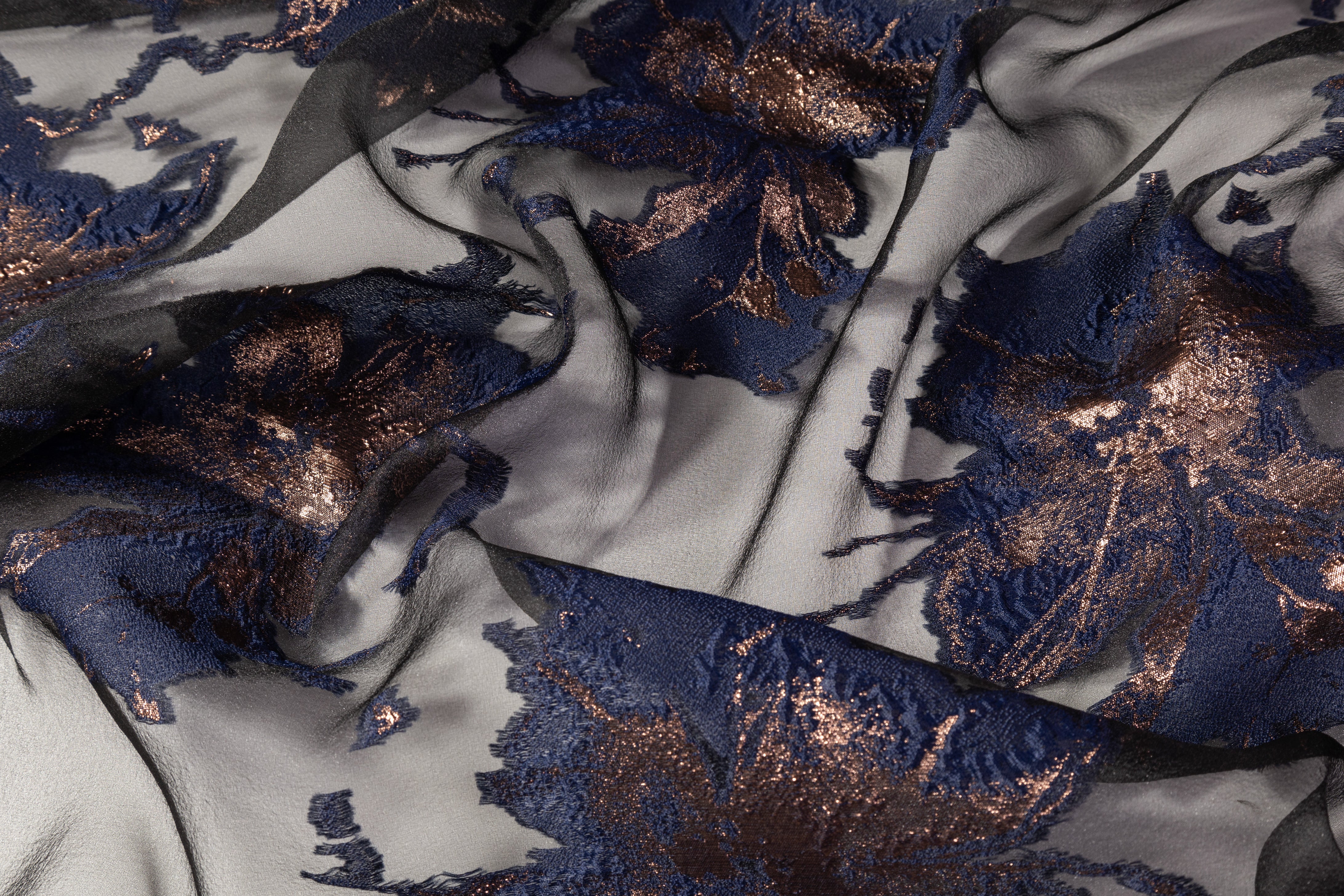 Floral Metallic Organza Fil Coupé - Navy / Bronze