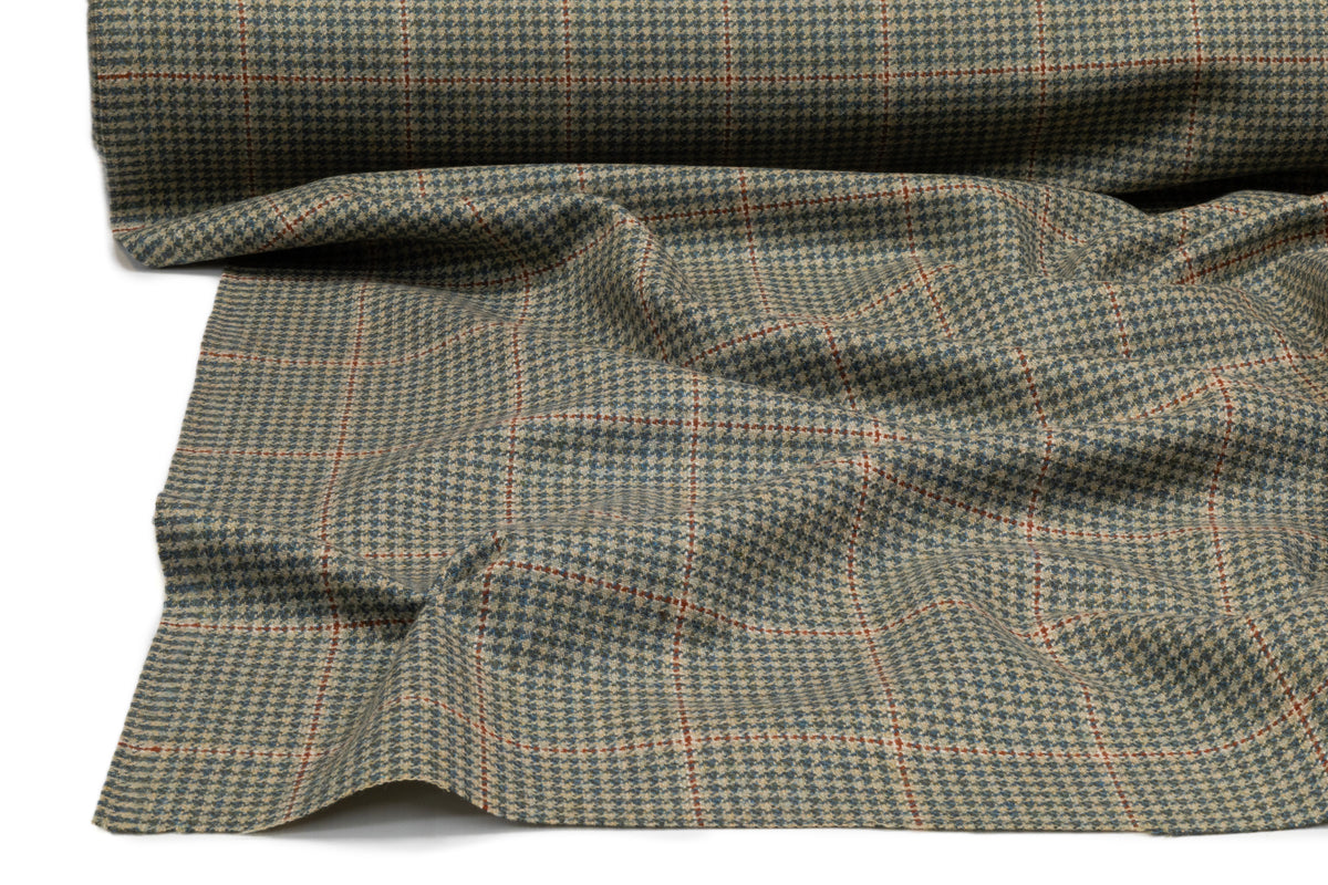Houndstooth Windowpane Italian Wool Suiting - Green / Rust