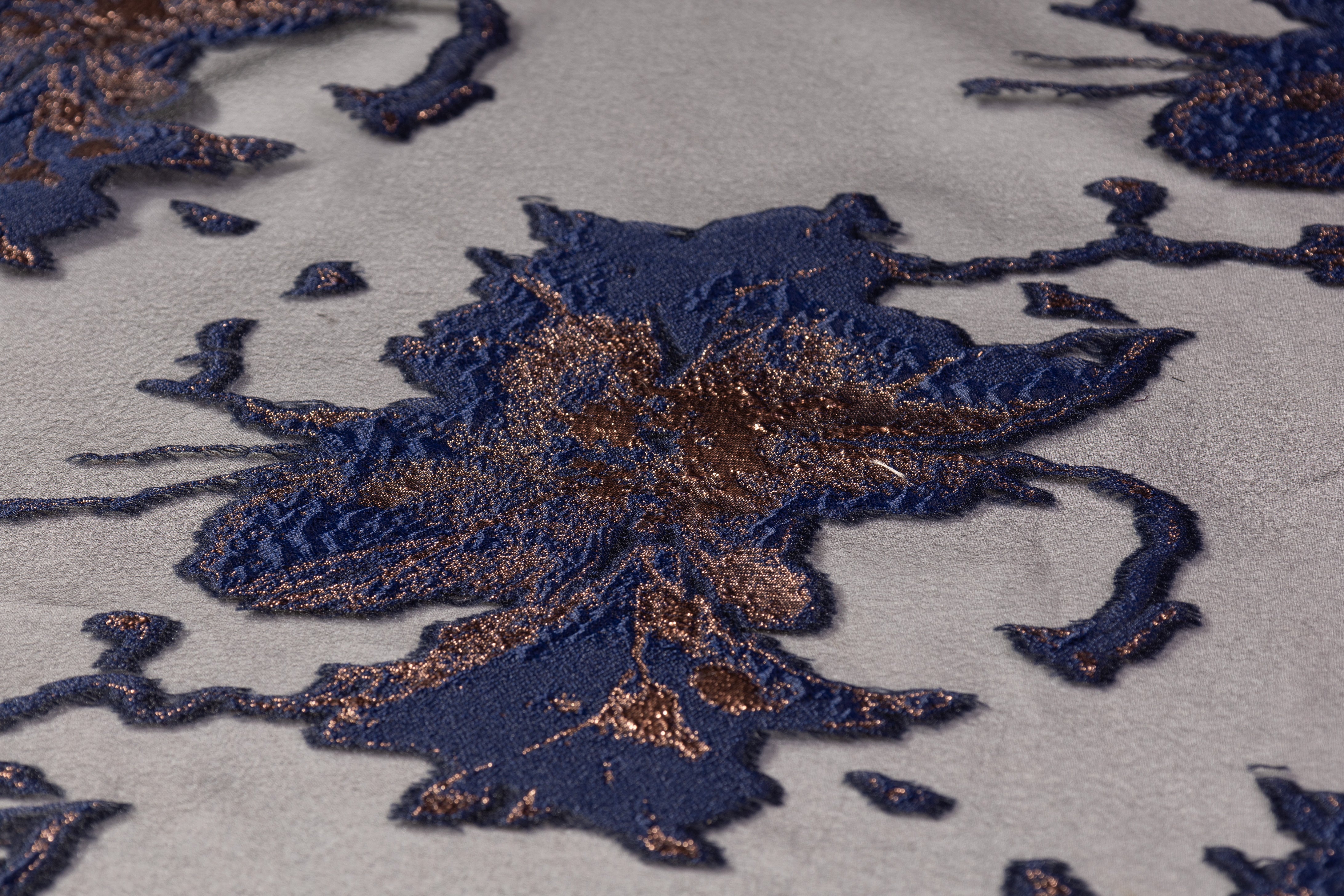 Floral Metallic Organza Fil Coupé - Navy / Bronze
