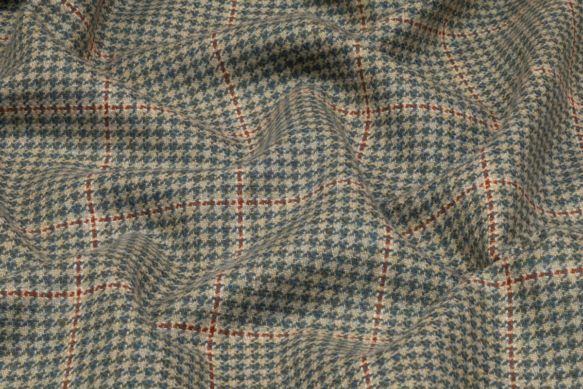 Houndstooth Windowpane Italian Wool Suiting - Green / Rust
