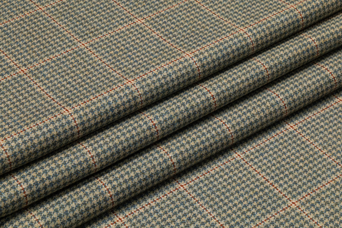 Houndstooth Windowpane Italian Wool Suiting - Green / Rust