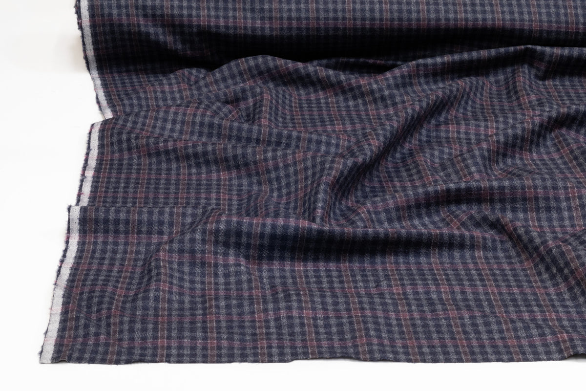 Checked Italian Wool Nylon Flannel Suiting - Navy / Plum