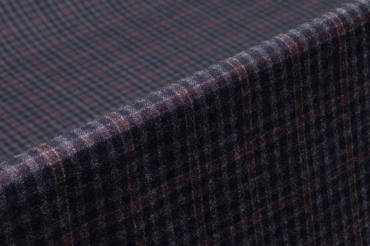 Checked Italian Wool Nylon Flannel Suiting - Navy / Plum
