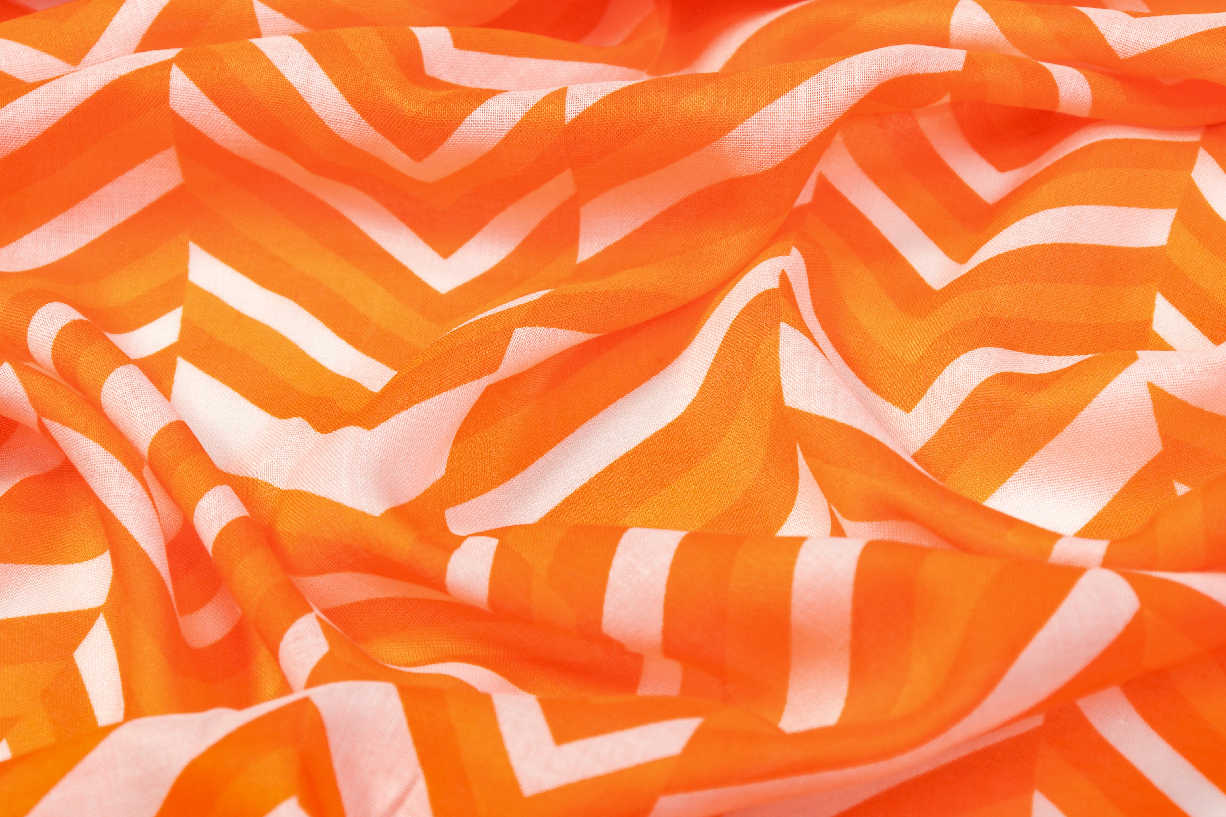 Chevron Printed Italian Sheer Linen - Orange / White