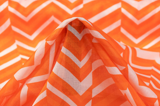 Chevron Printed Italian Sheer Linen - Orange / White