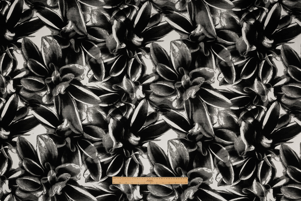 Floral Italian Flocked Crepe Back Satin - Black / Off White