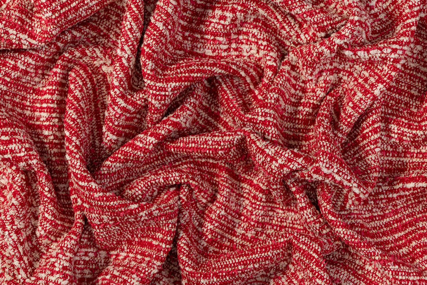 Metallic Italian Wool Blend Tweed Boucle - Red / Off White / Gold / Silver
