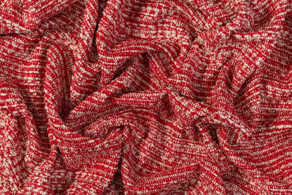 Metallic Italian Wool Blend Tweed Boucle - Red / Off White / Gold / Silver
