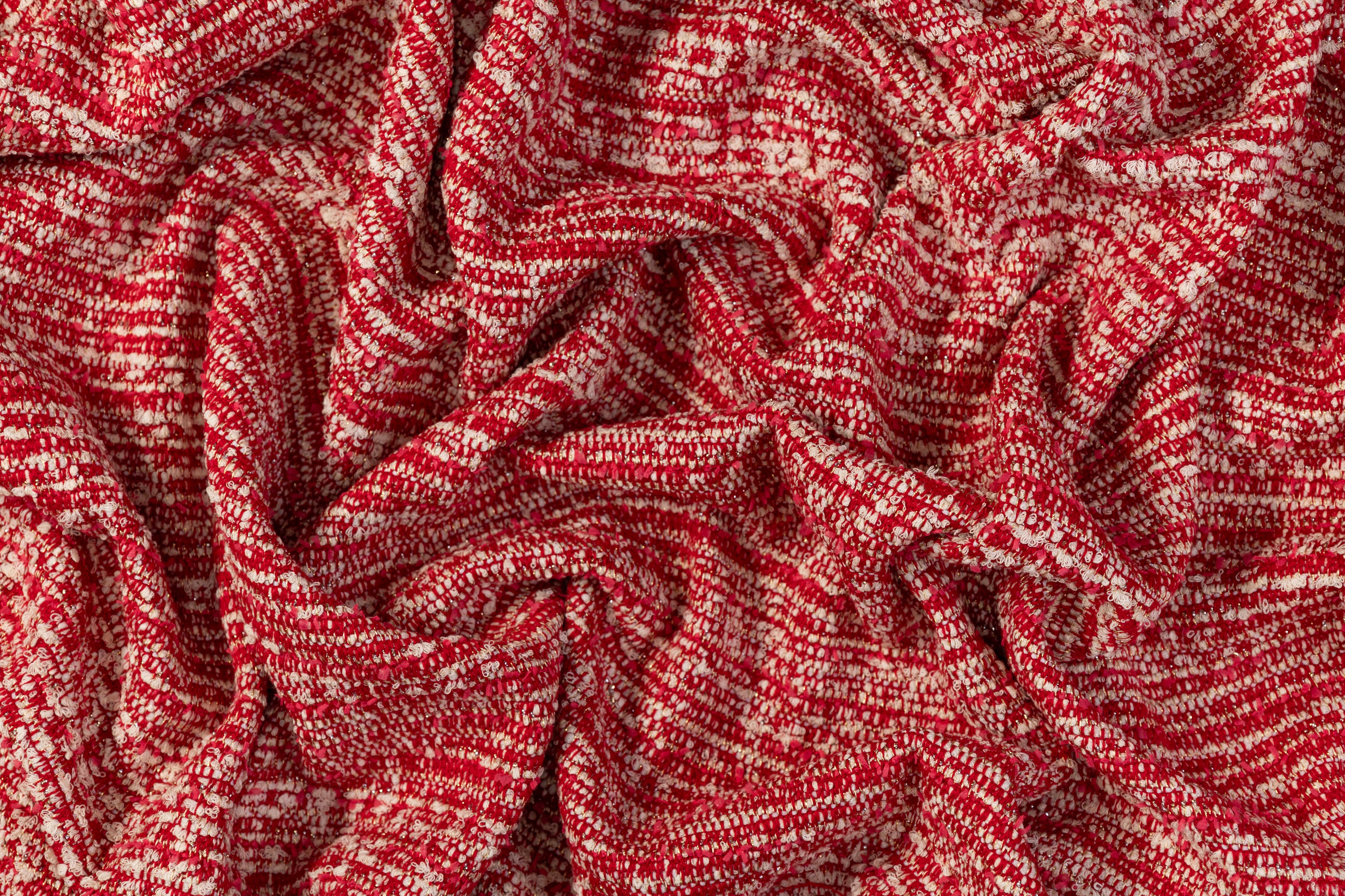 Metallic Italian Wool Blend Tweed Boucle - Red / Off White / Gold / Silver