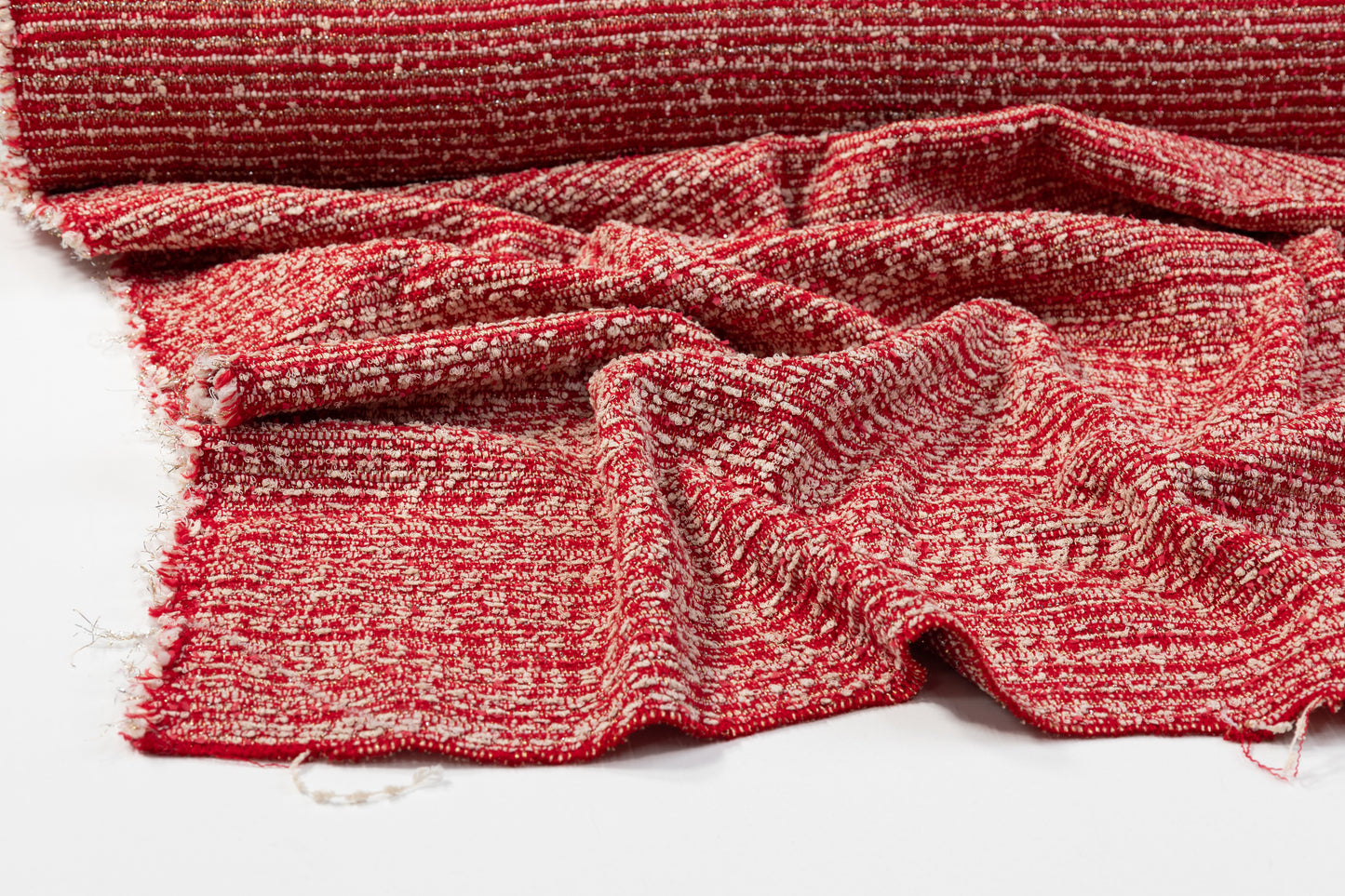 Metallic Italian Wool Blend Tweed Boucle - Red / Off White / Gold / Silver