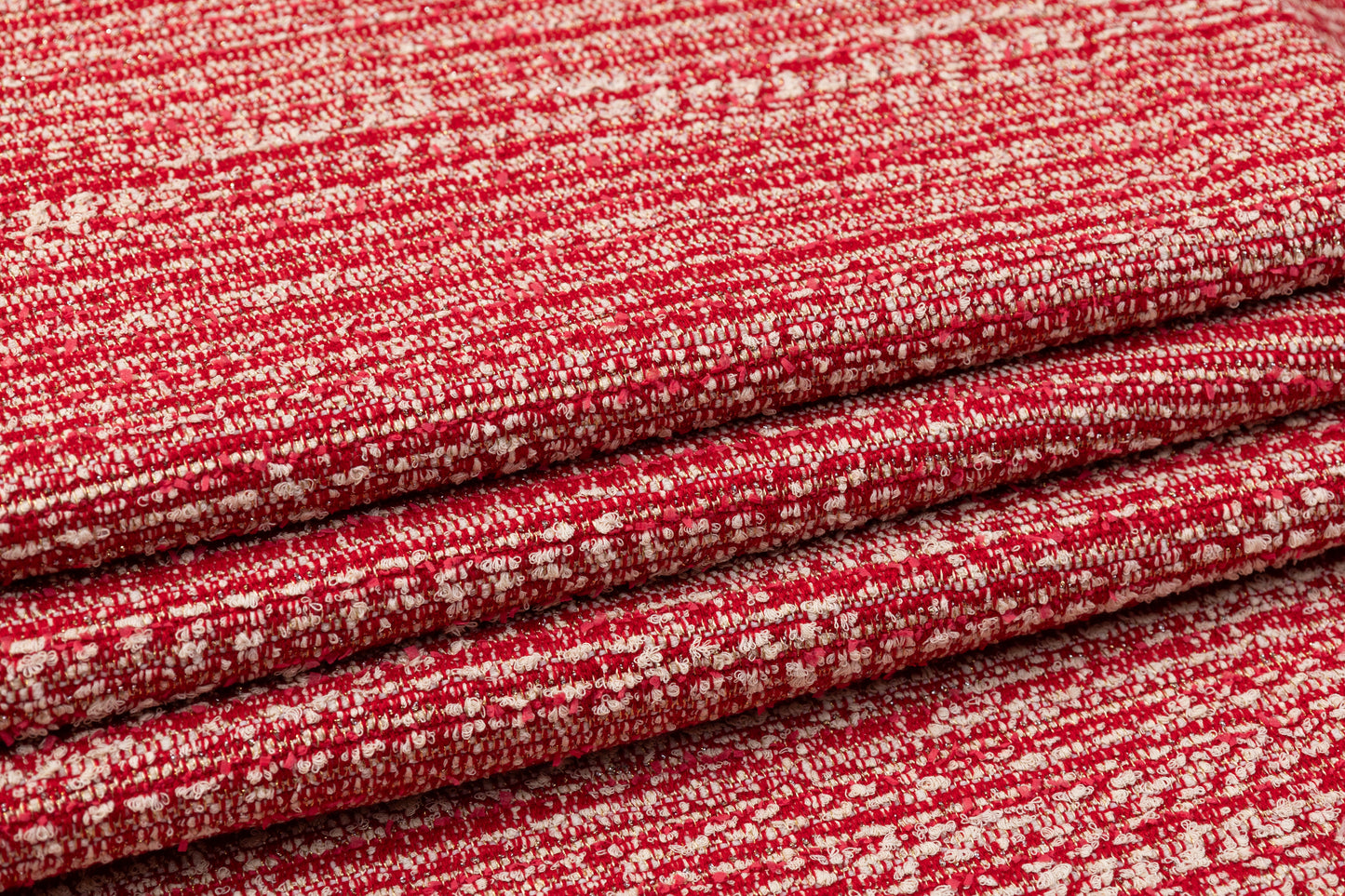 Metallic Italian Wool Blend Tweed Boucle - Red / Off White / Gold / Silver