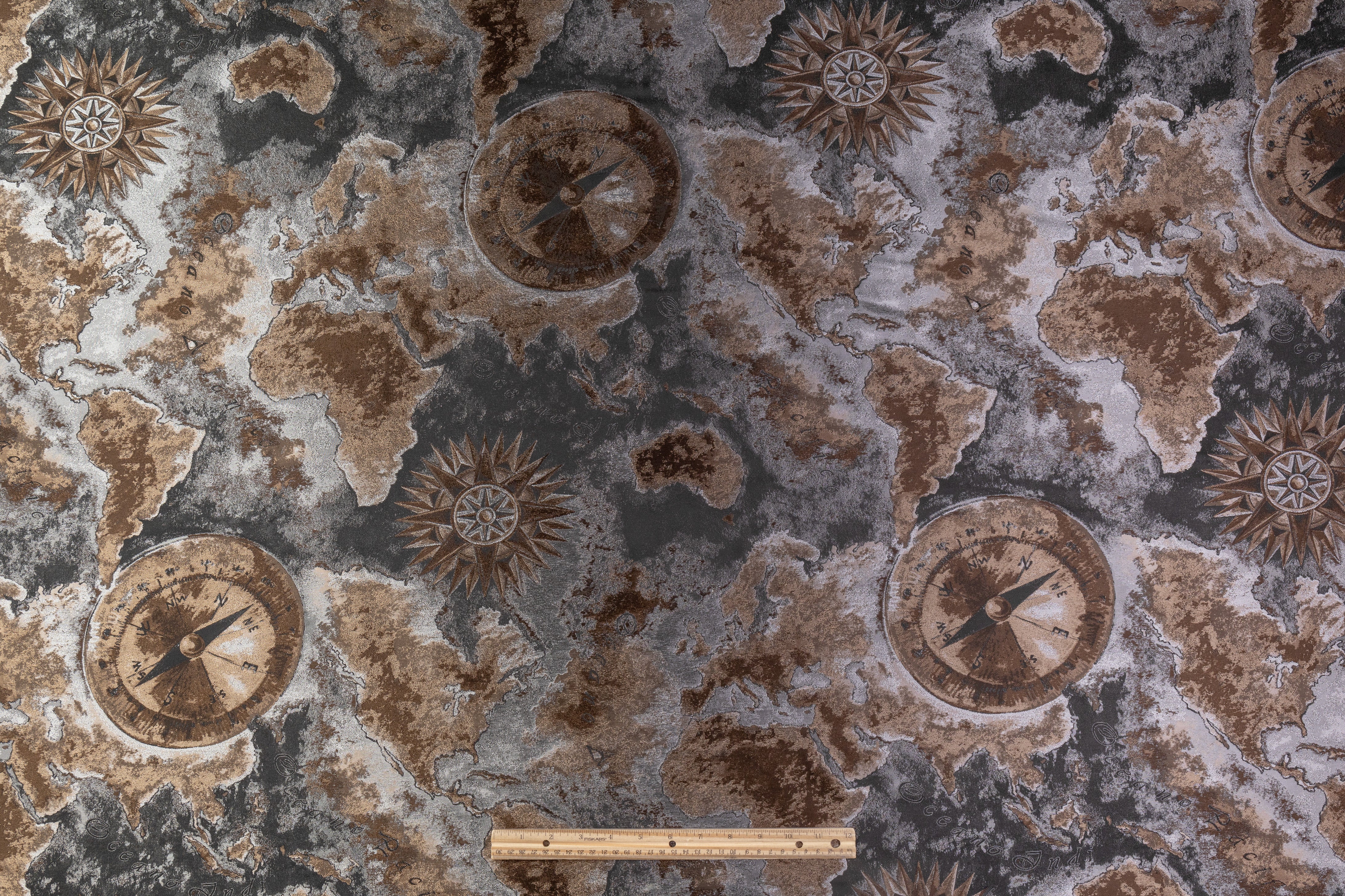 Italian Map Style Brocade - Brown / Gray