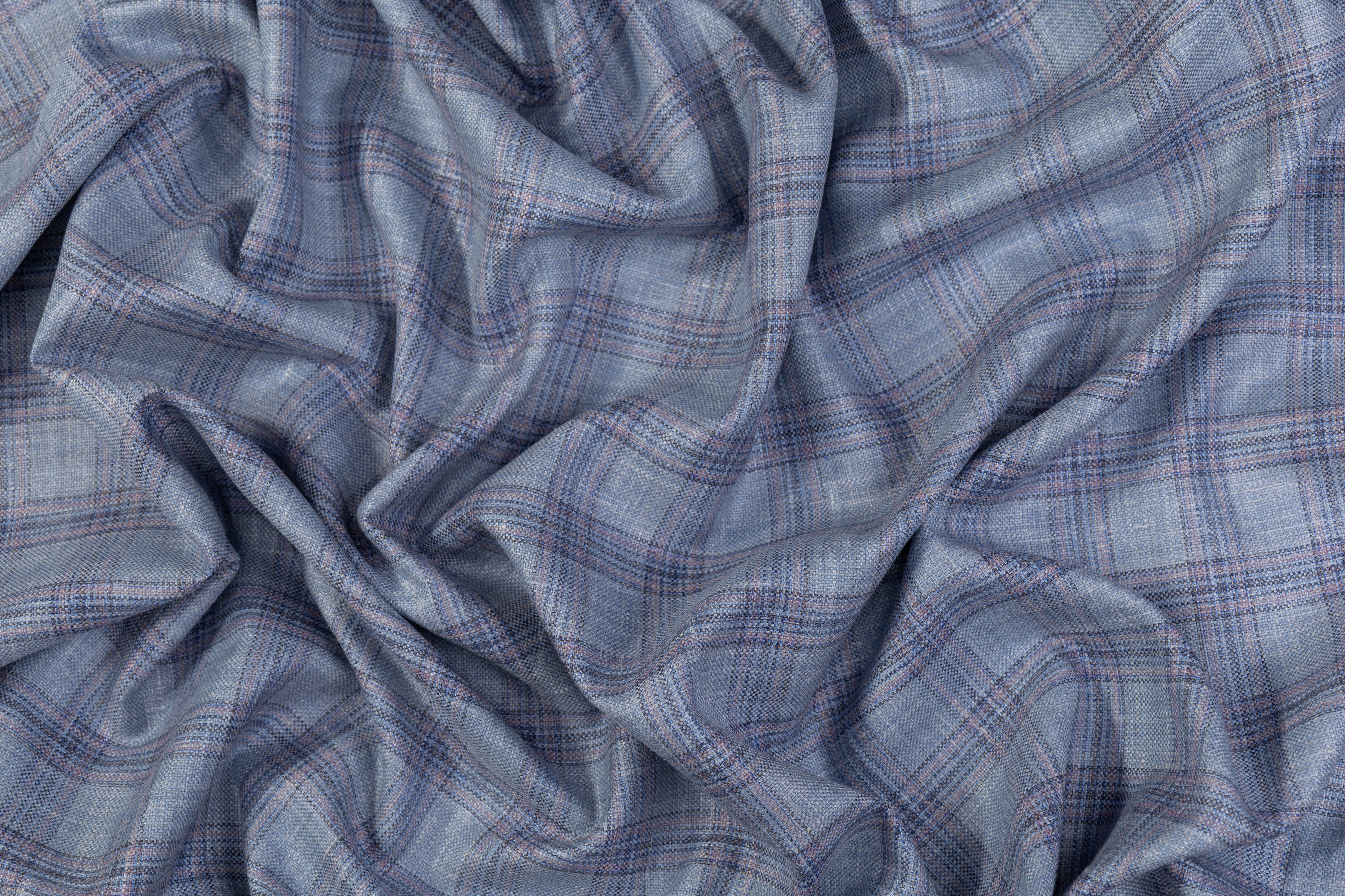 Plaid Italian Silk Linen Wool Suiting - Blue