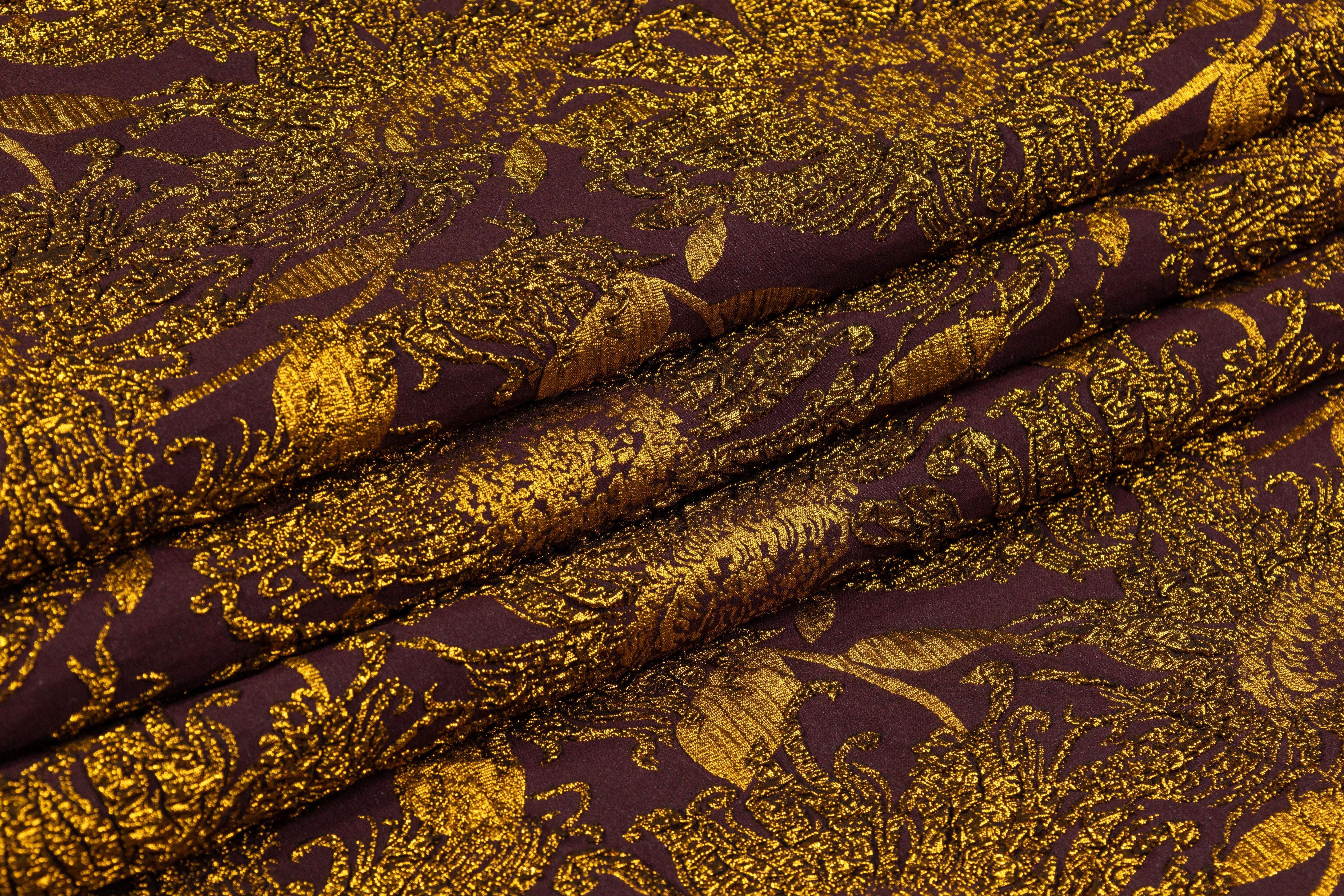 Floral Metallic Stretch Brocade - Gold / Aubergine