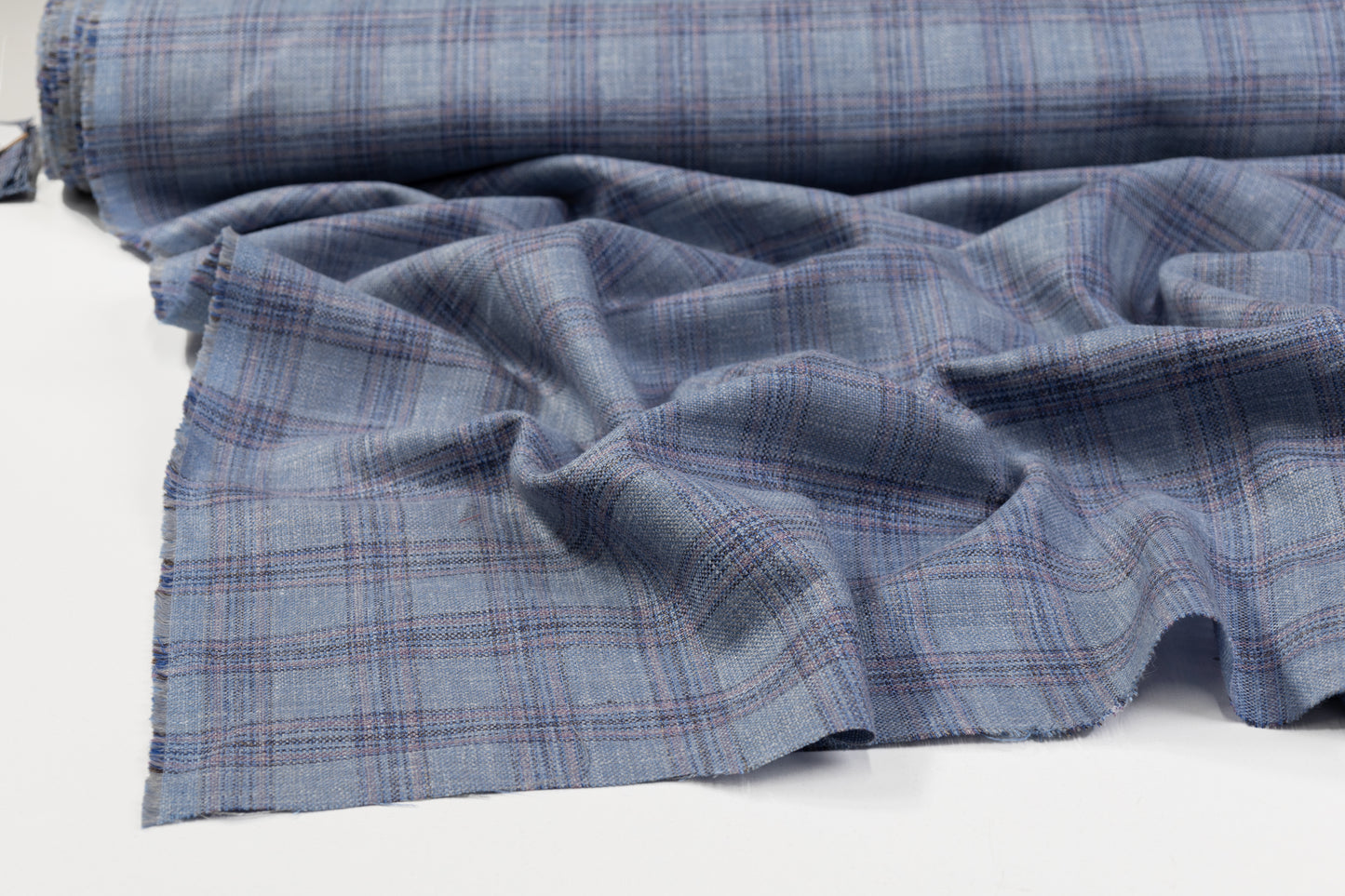 Plaid Italian Silk Linen Wool Suiting - Blue
