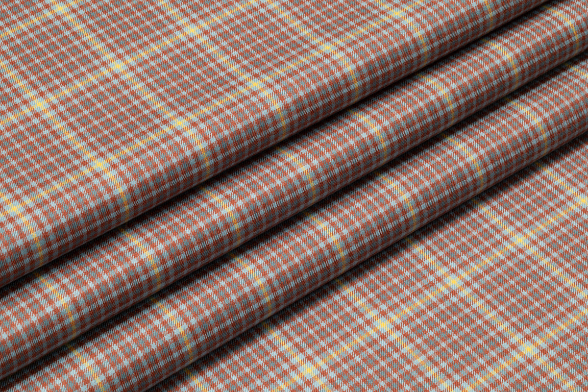 Checked Italian Pure Cashmere Suiting - Rust / Yellow / Blue