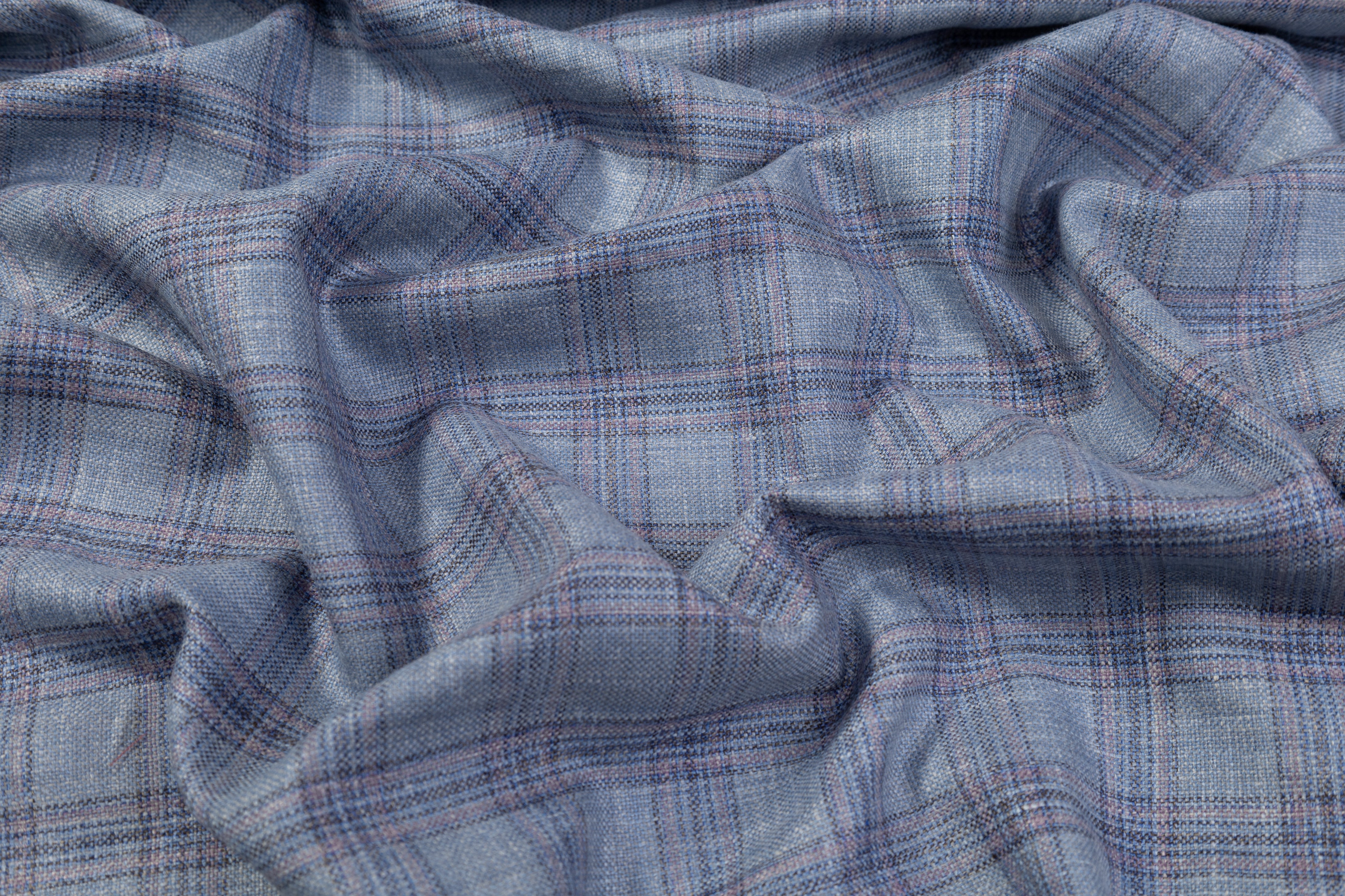 Plaid Italian Silk Linen Wool Suiting - Blue