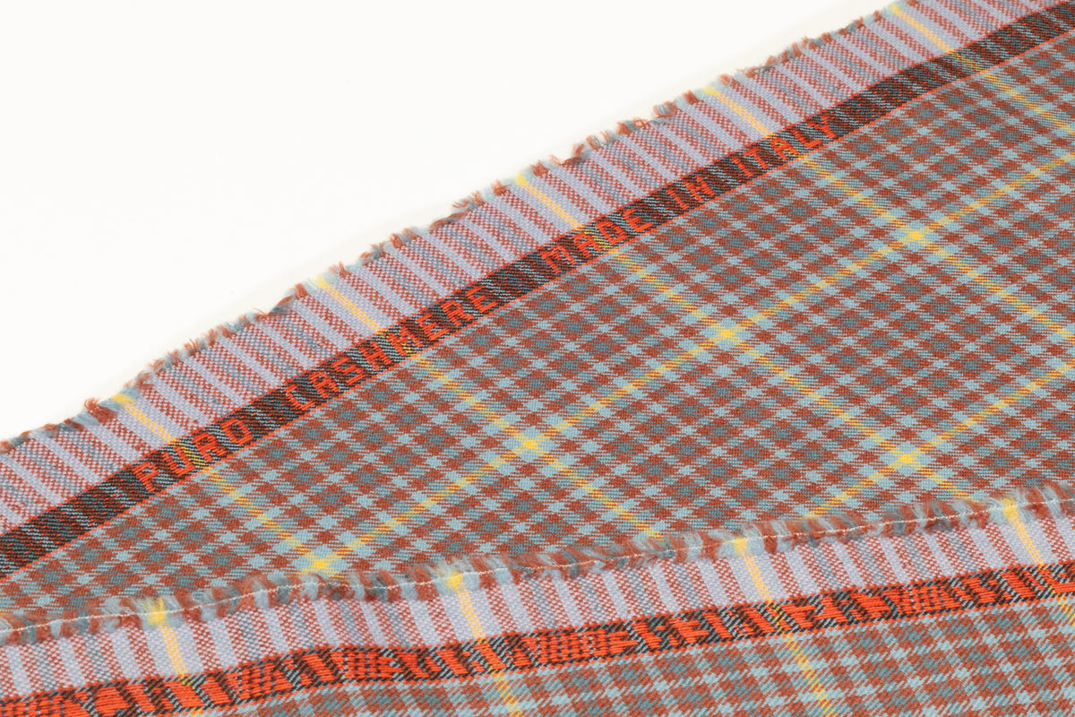 Checked Italian Pure Cashmere Suiting - Rust / Yellow / Blue