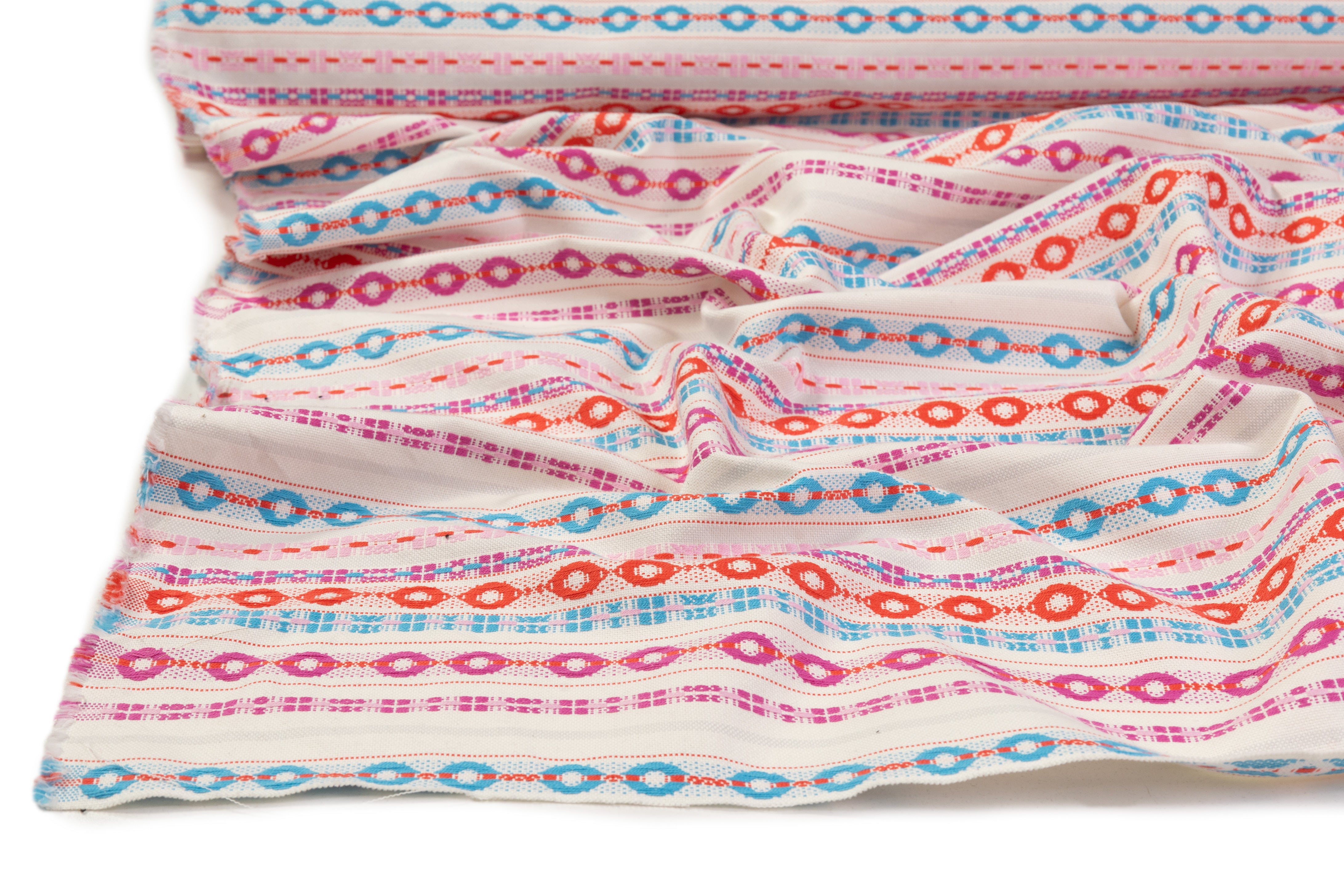 Geometric Striped Italian Cotton Brocade - White / Multicolor