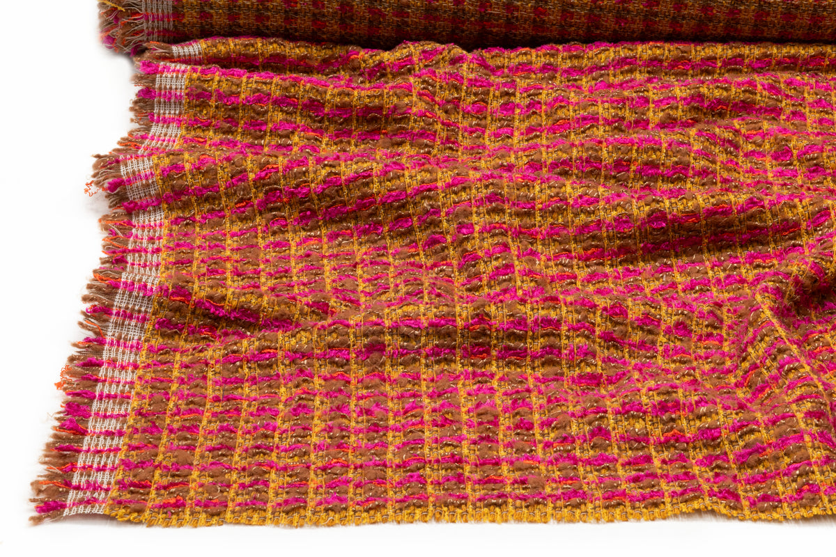 Checked Italian Wool Blend Tweed - Brown / Fuchsia