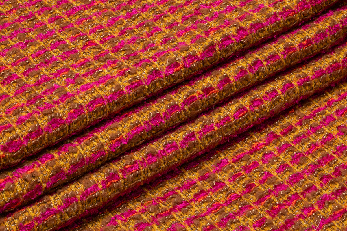 Checked Italian Wool Blend Tweed - Brown / Fuchsia