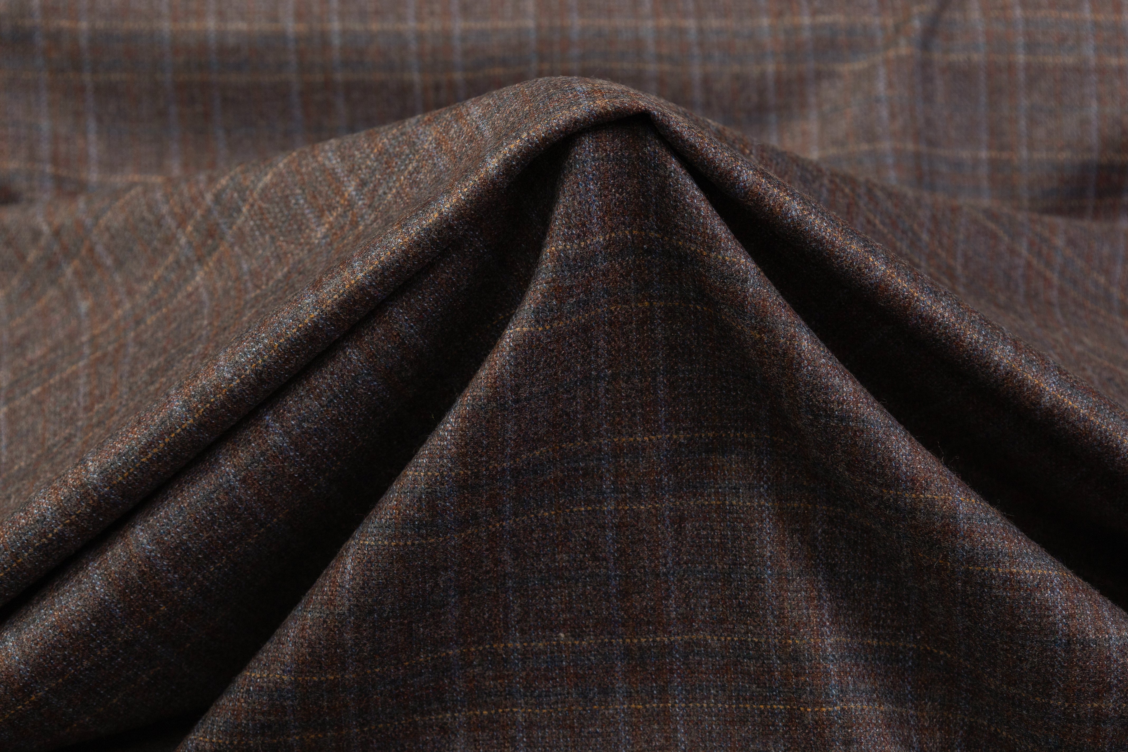 Checked Italian Wool Tweed Suiting - Brown