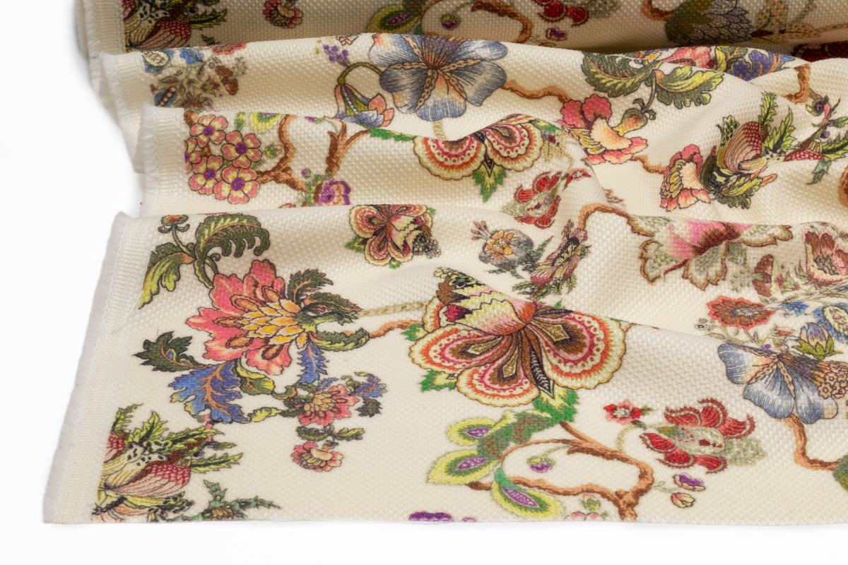 Floral Printed Italian Wool Tweed - Ivory / Multicolor