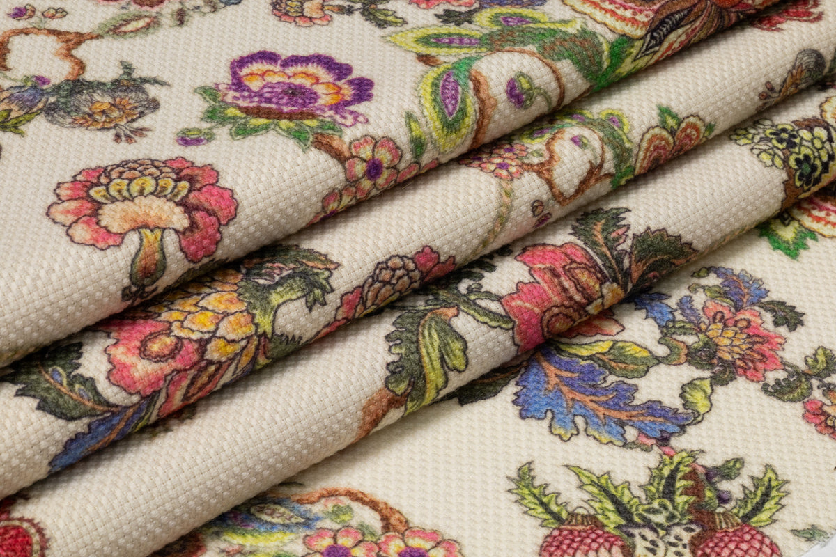 Floral Printed Italian Wool Tweed - Ivory / Multicolor