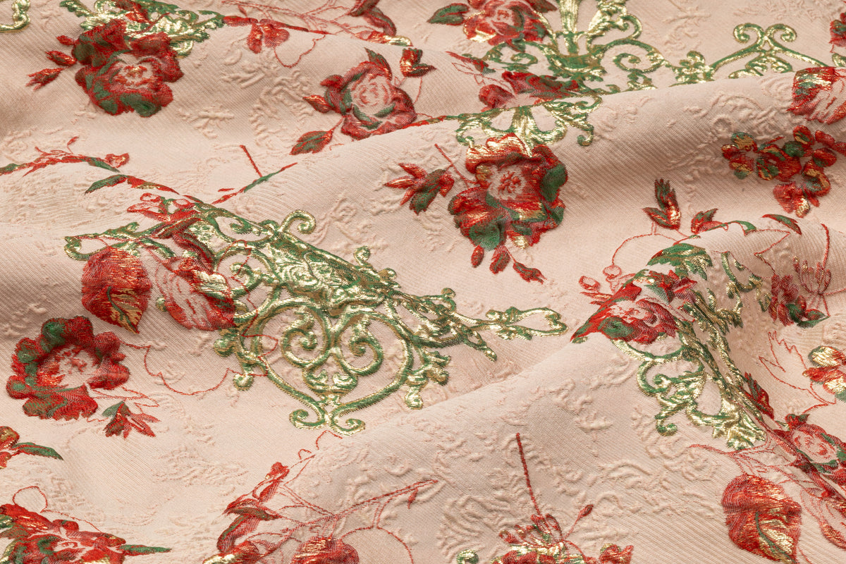 Floral Metallic Italian Silk Blend Cloqué Brocade - Blush / Red / Green