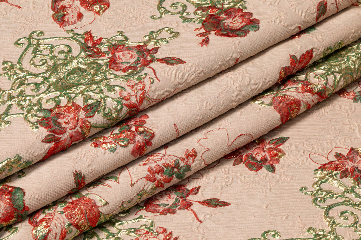 Floral Metallic Italian Silk Blend Cloqué Brocade - Blush / Red / Green