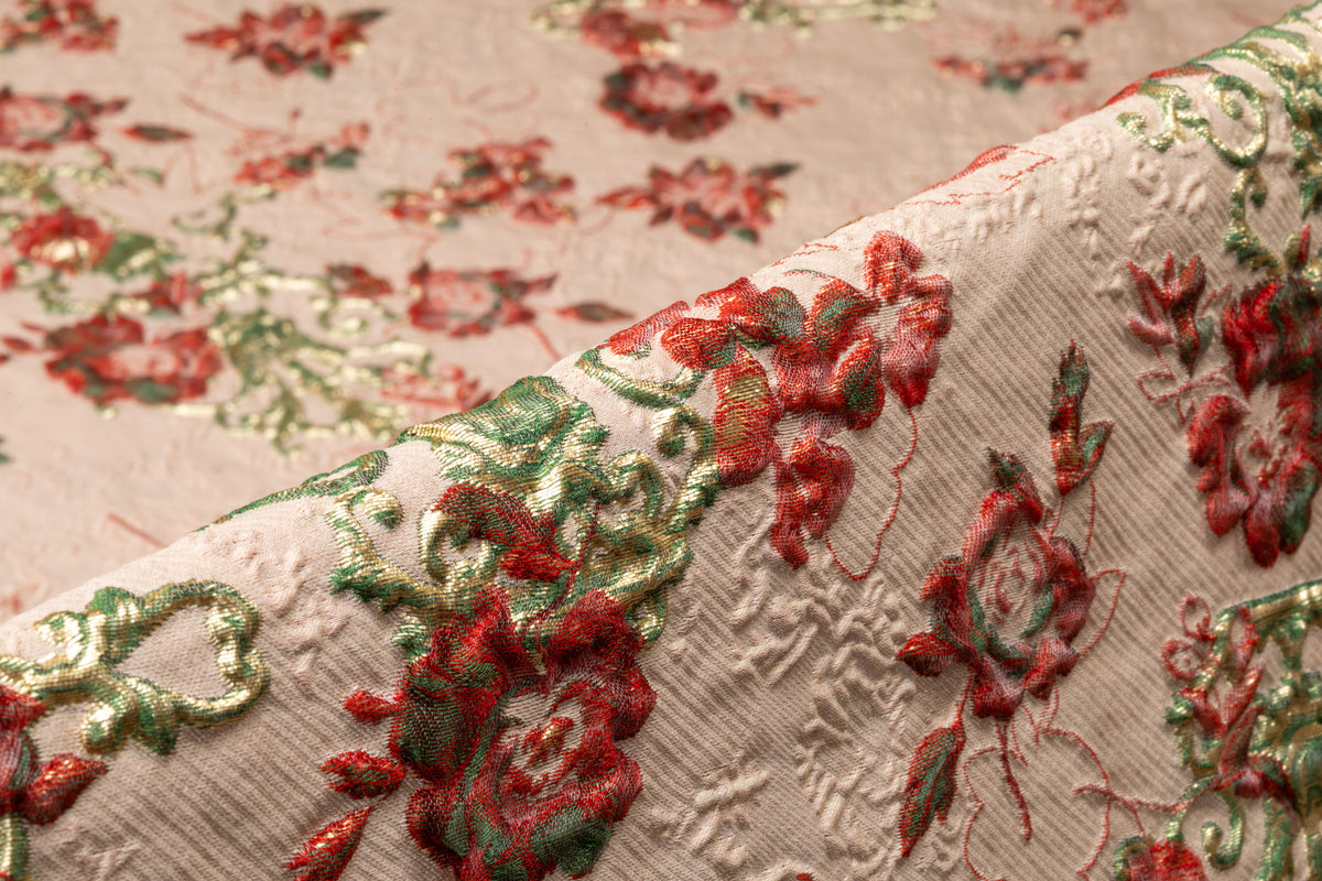Floral Metallic Italian Silk Blend Cloqué Brocade - Blush / Red / Green