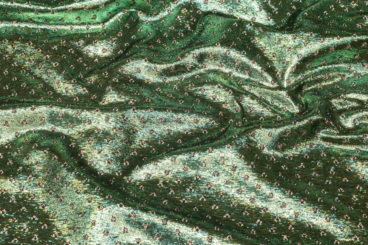 Double Faced Dotted Metallic Italian Brocade - Emerald Green / Metallic Rose