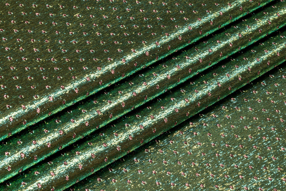 Double Faced Dotted Metallic Italian Brocade - Emerald Green / Metallic Rose