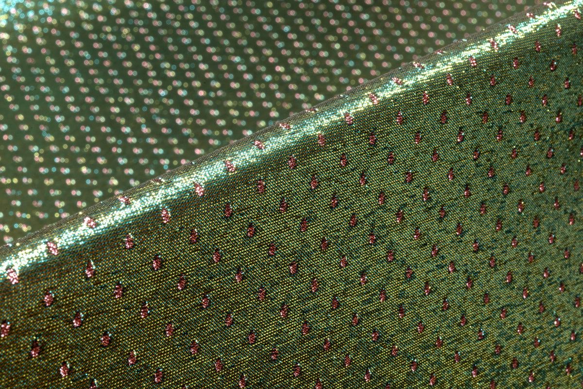 Double Faced Dotted Metallic Italian Brocade - Emerald Green / Metallic Rose