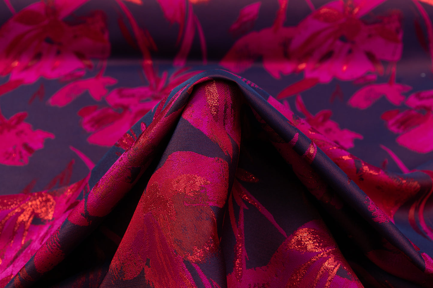 Floral Metallic Brocade - Fuchsia / Red