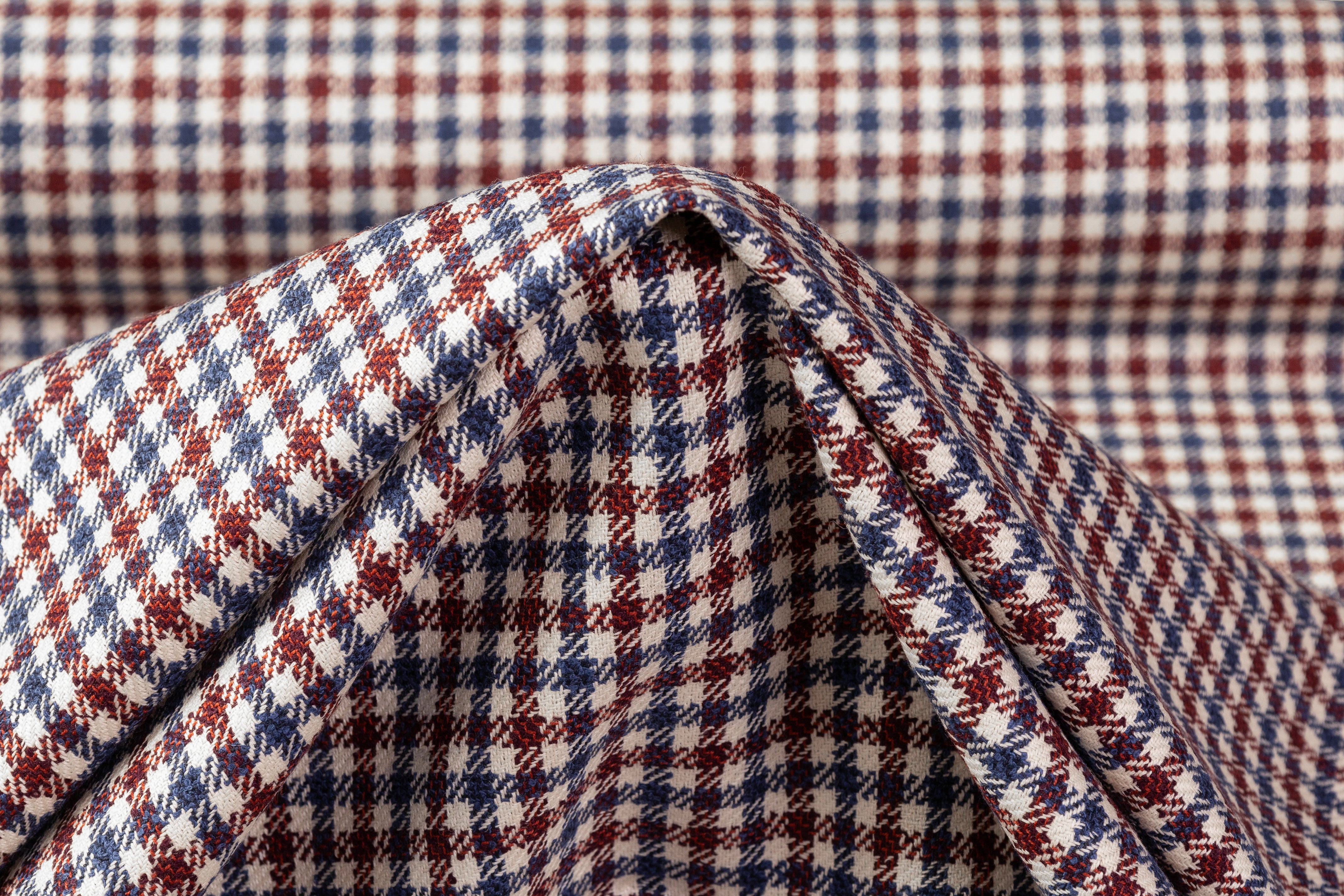 Angelico - Checked Italian Wool Cotton Silk Blend - Burgundy / Blue / Off White