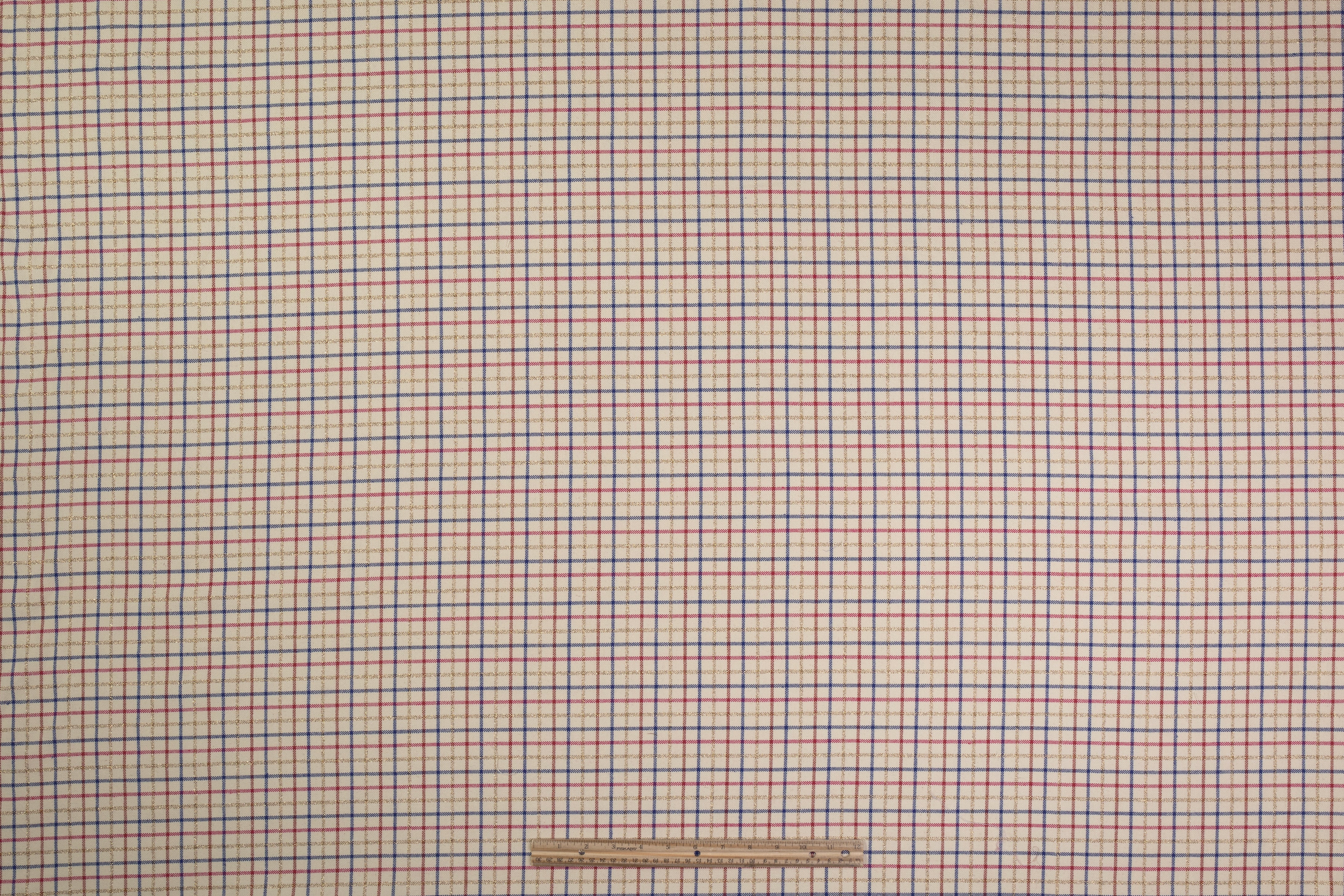 Checked Metallic Italian Cotton Linen Blend - Beige / Red / Blue / Gold