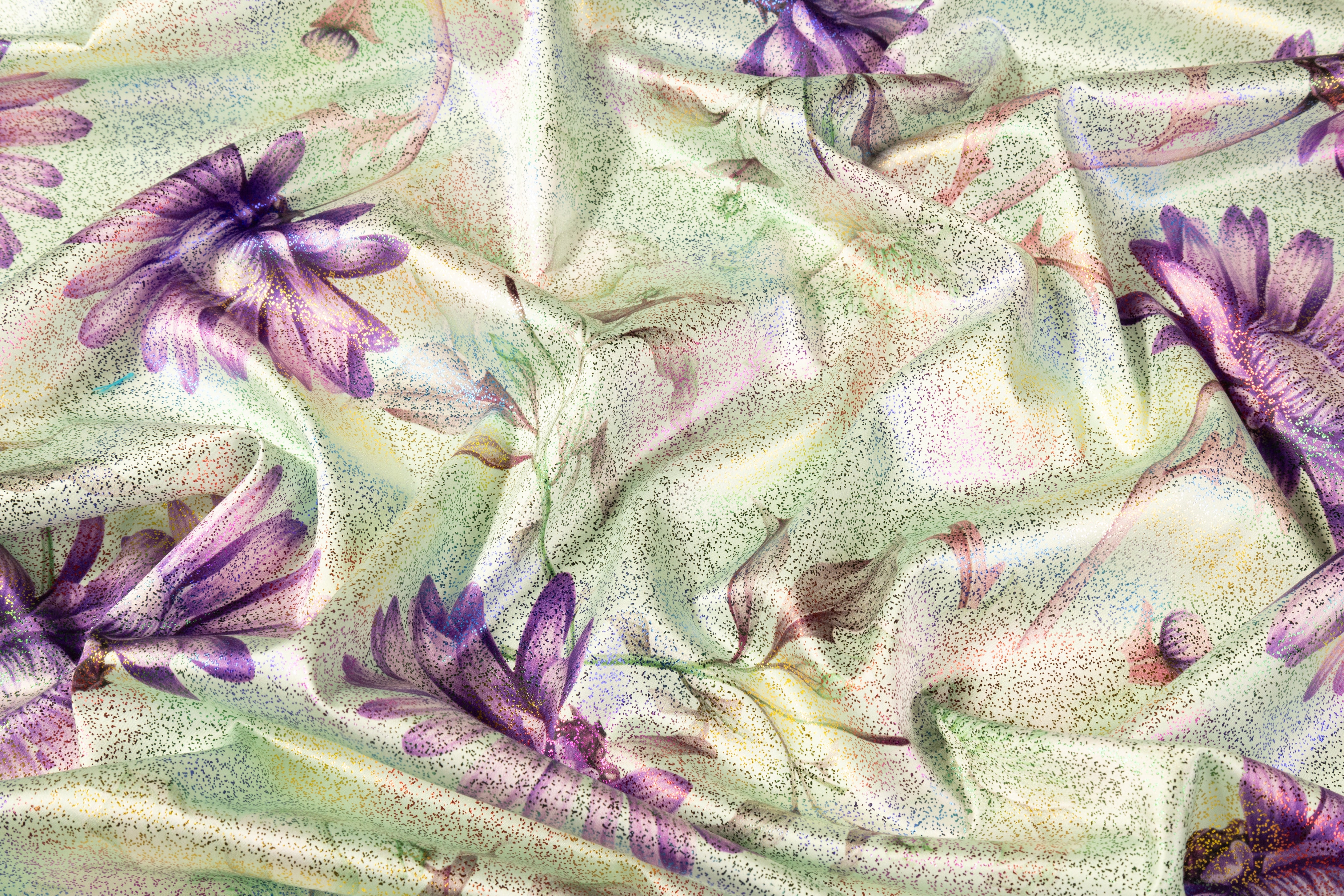 Floral Laminated Italian Silk Charmeuse - Green / Lavender