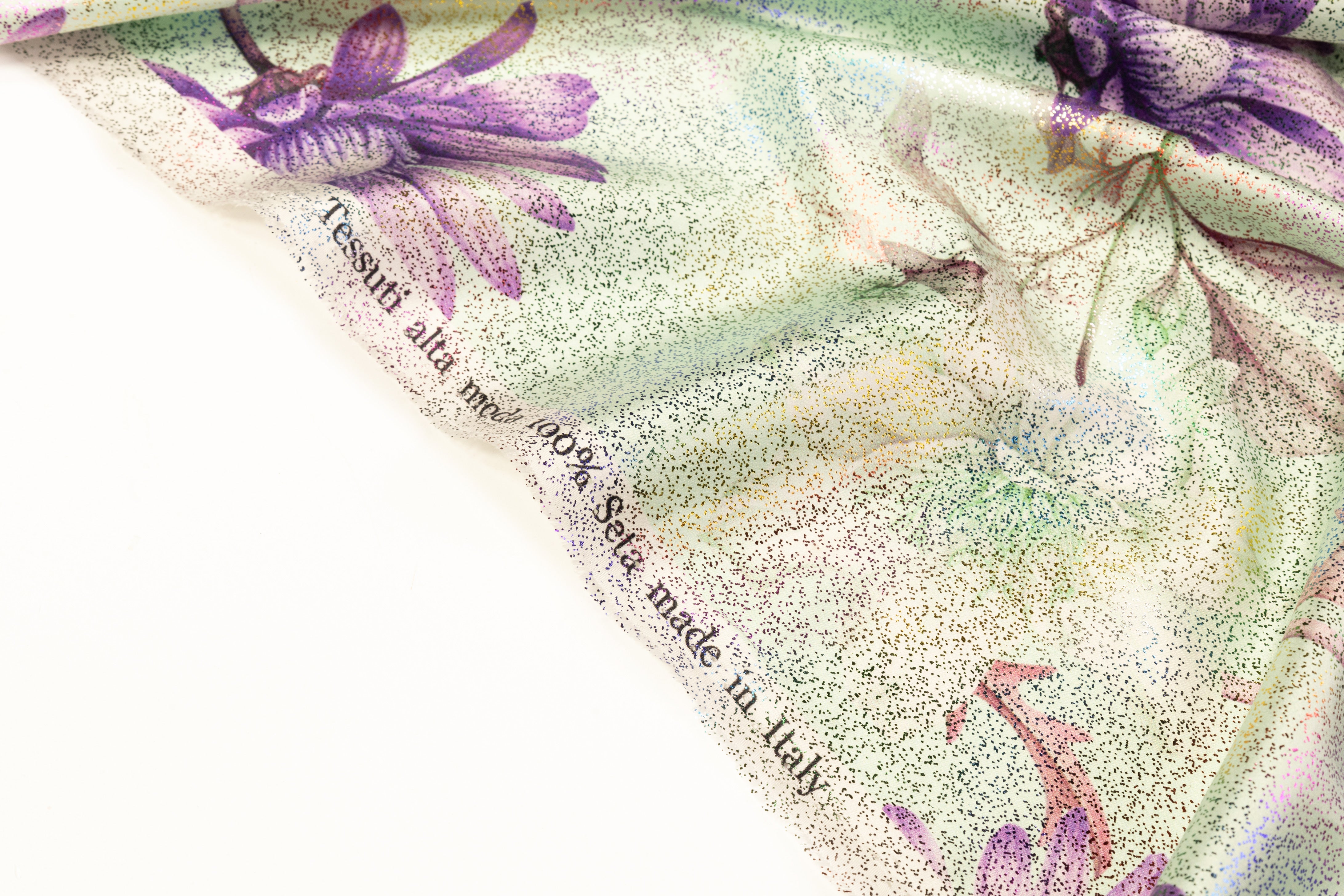 Floral Laminated Italian Silk Charmeuse - Green / Lavender