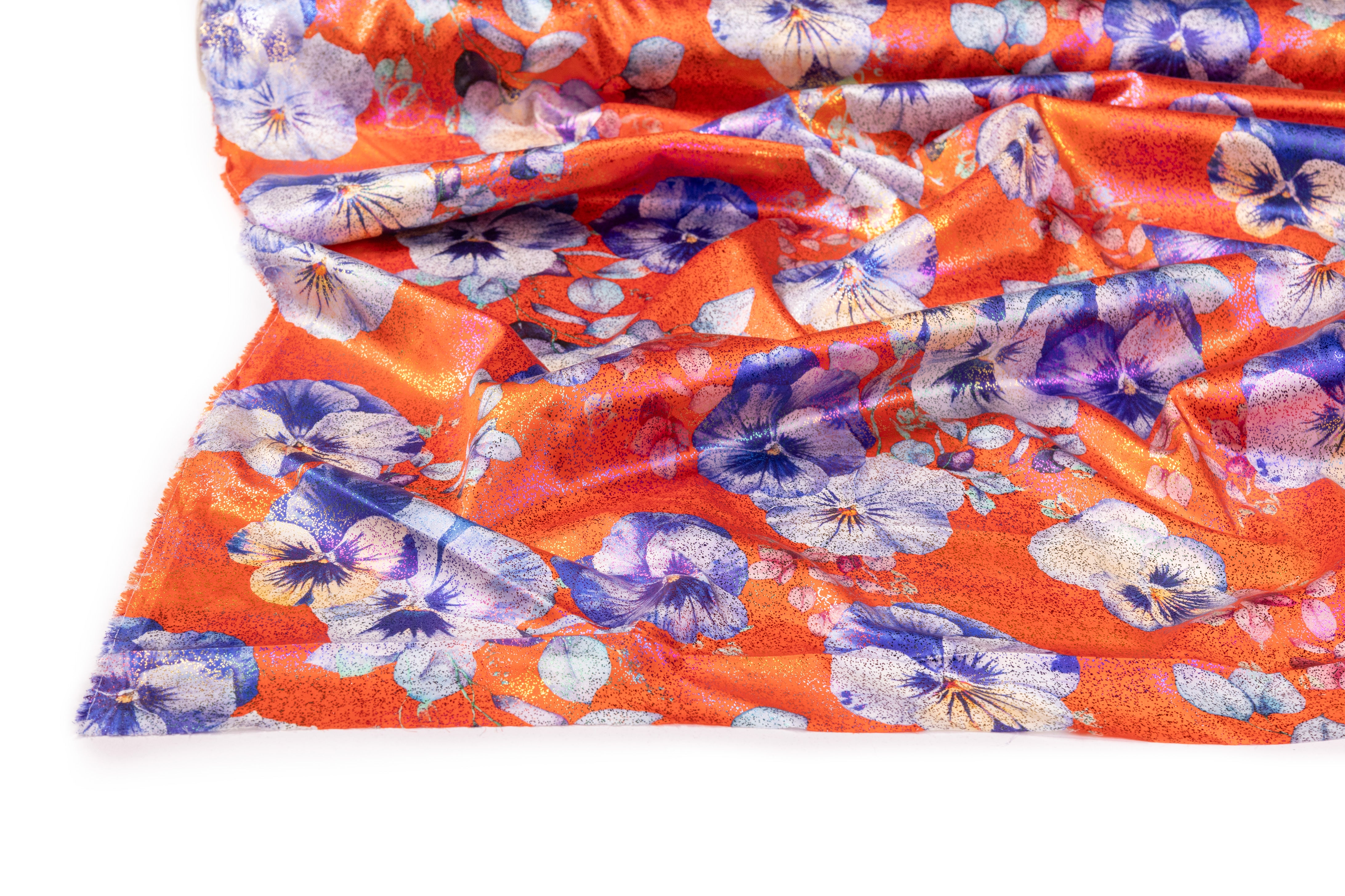 Floral Laminated Italian Silk Charmeuse - Orange / Blue / Multicolor