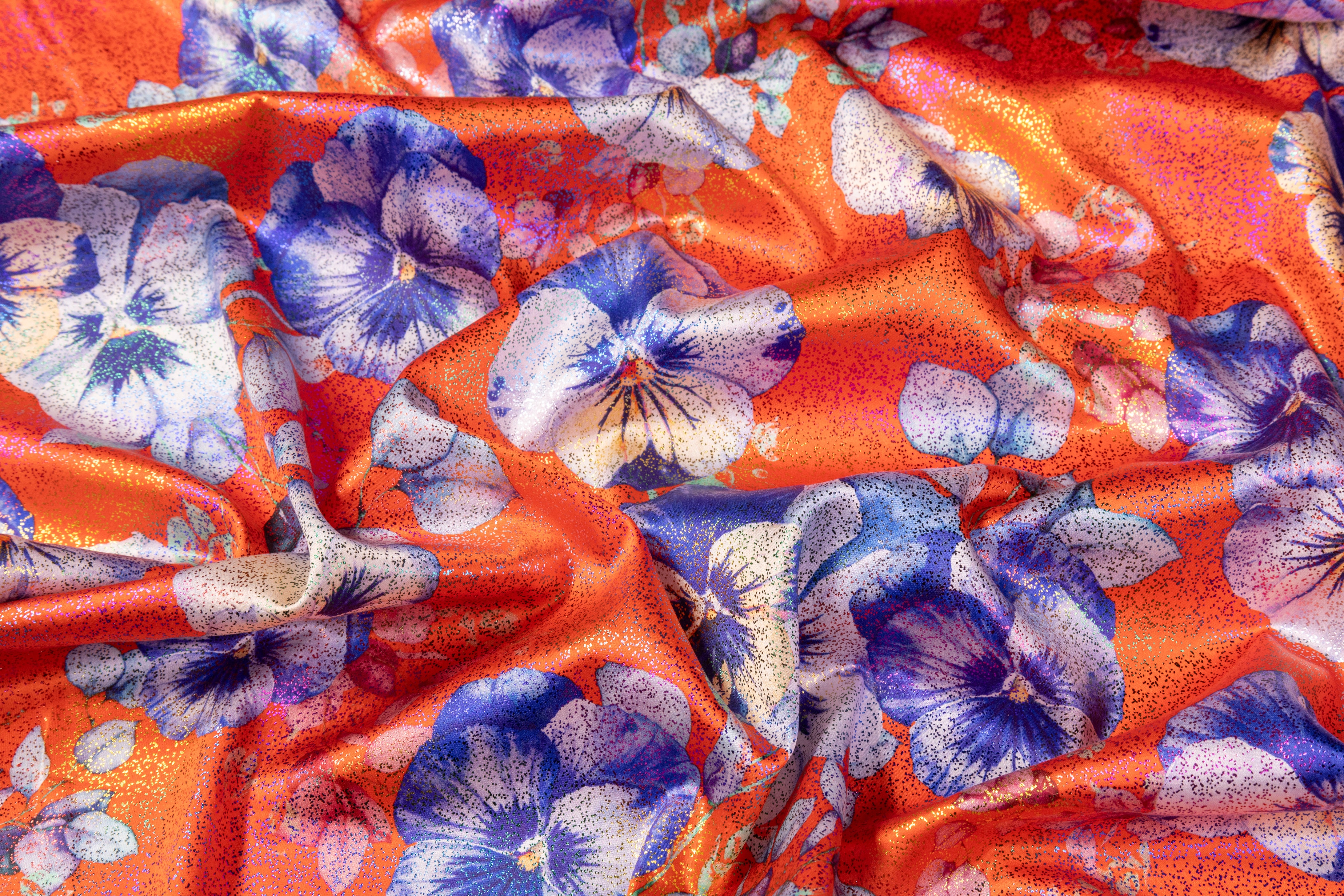 Floral Laminated Italian Silk Charmeuse - Orange / Blue / Multicolor
