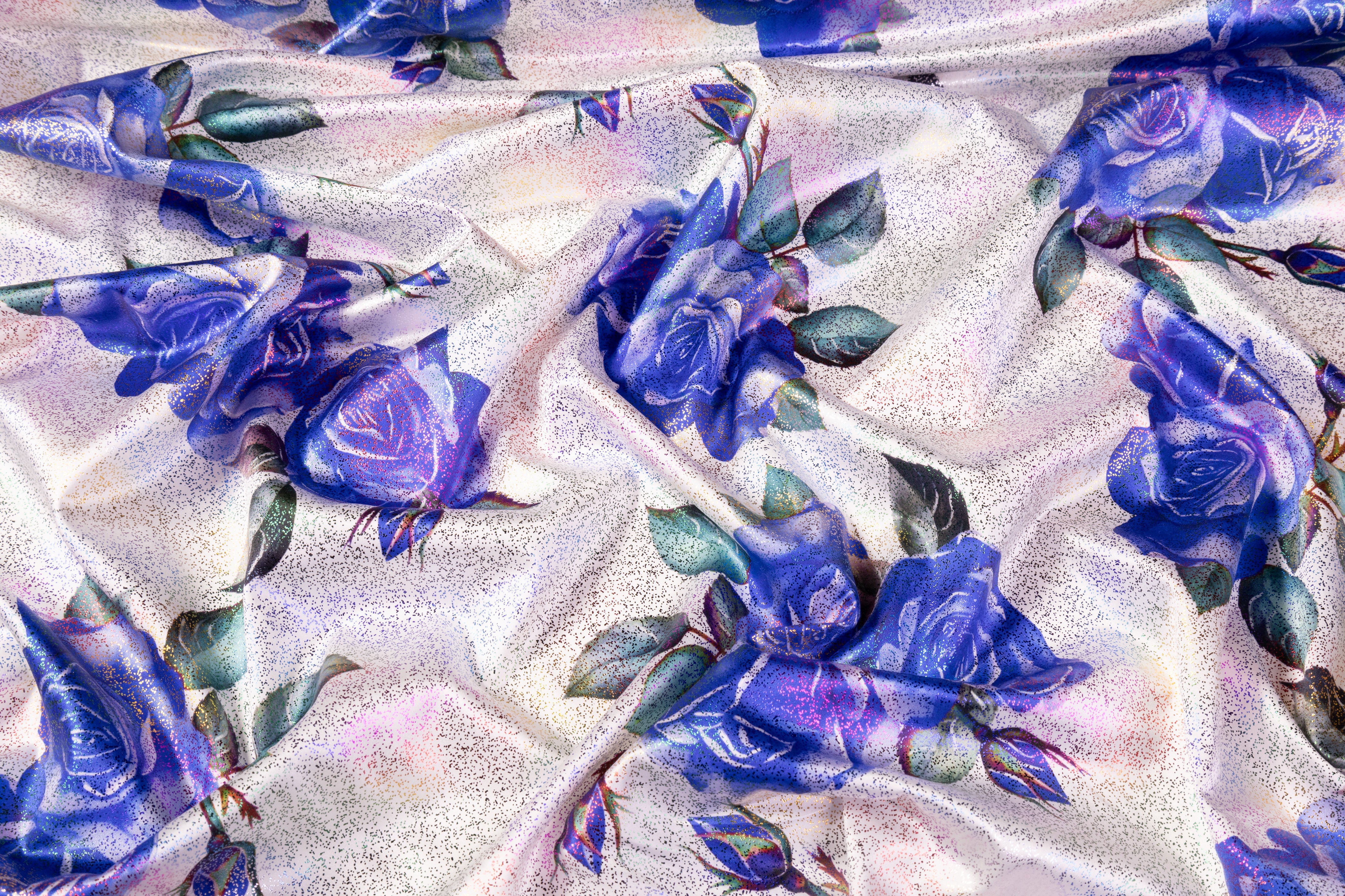 Floral Laminated Italian Silk Charmeuse - White / Blue / Multicolor