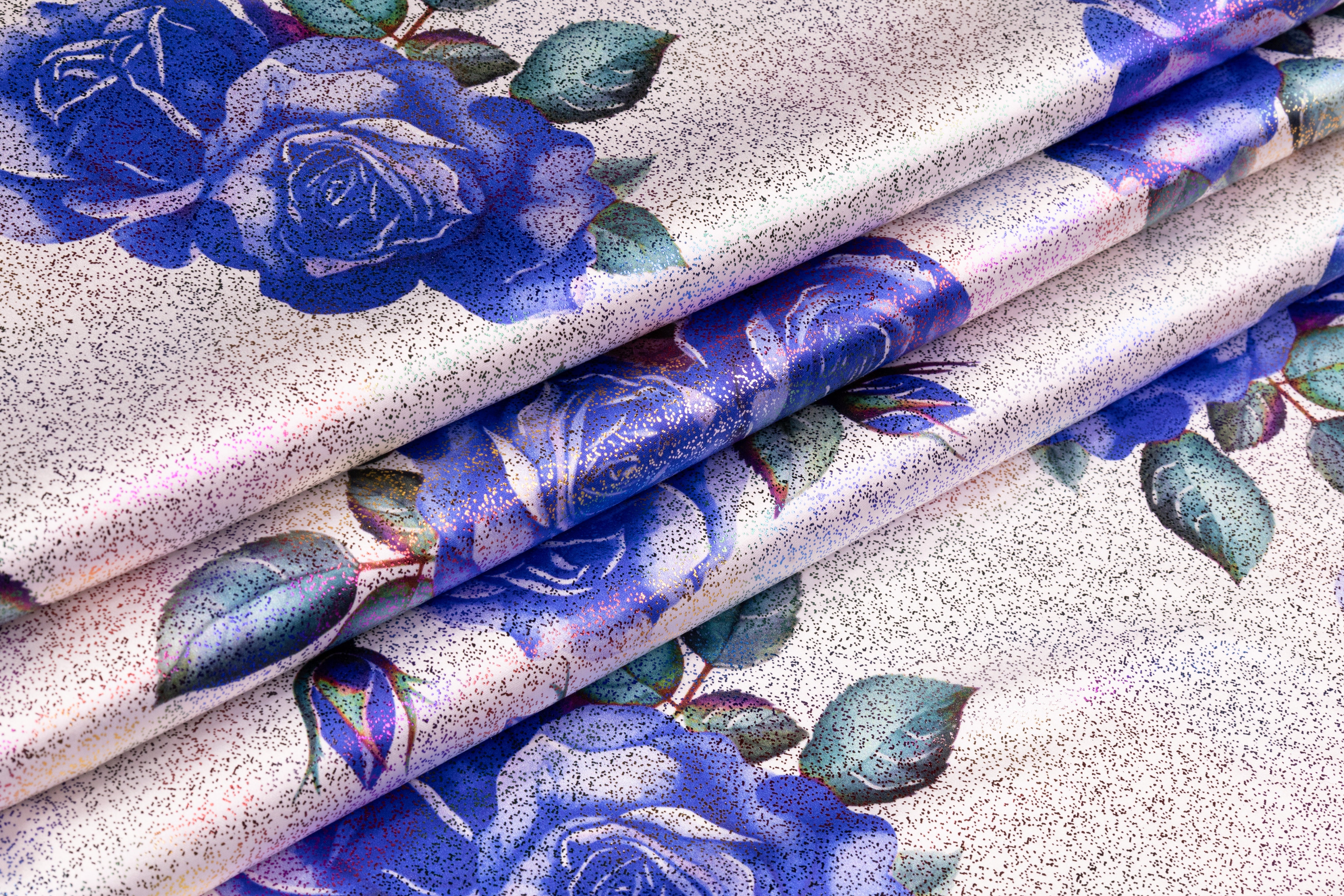 Floral Laminated Italian Silk Charmeuse - White / Blue / Multicolor