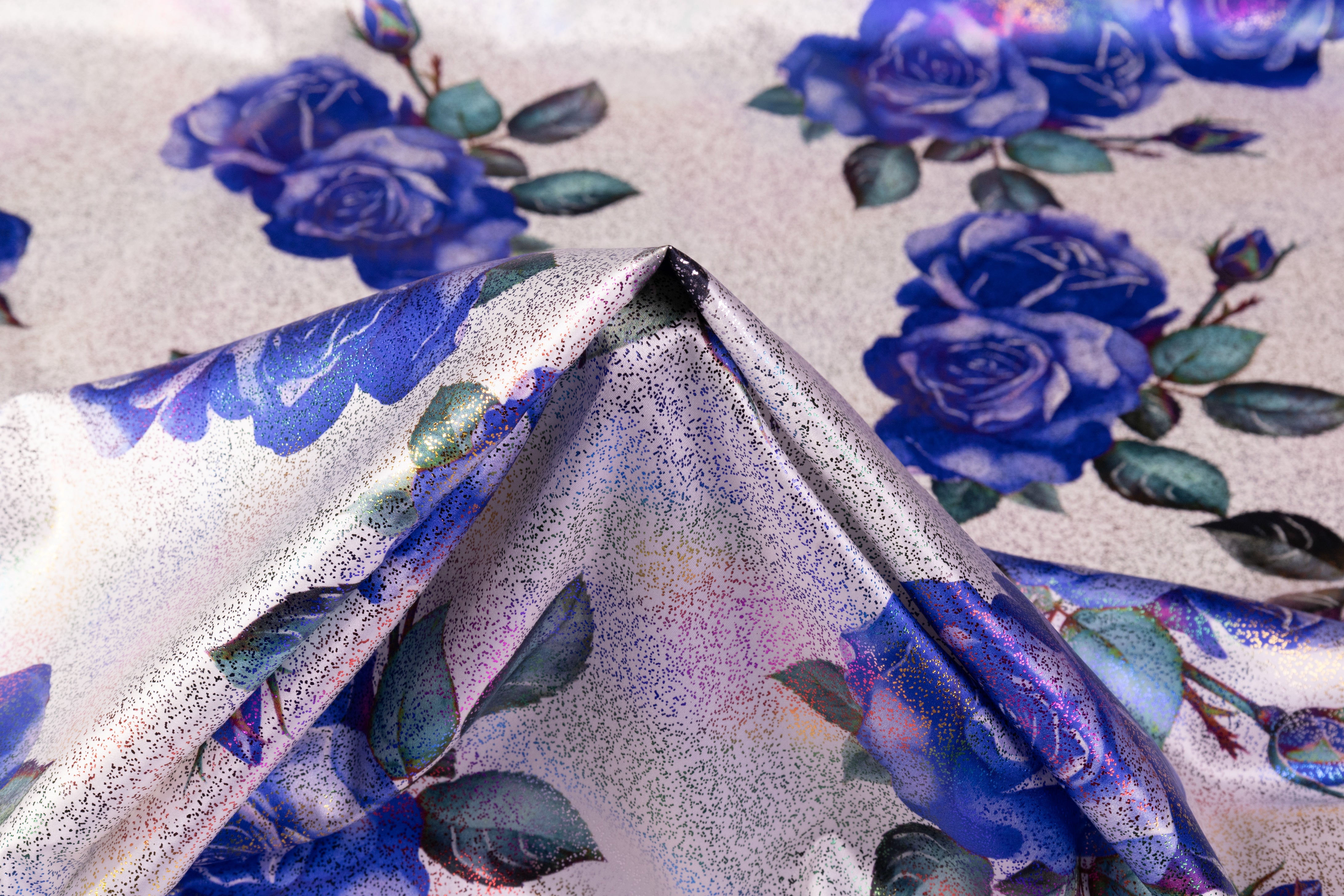 Floral Laminated Italian Silk Charmeuse - White / Blue / Multicolor