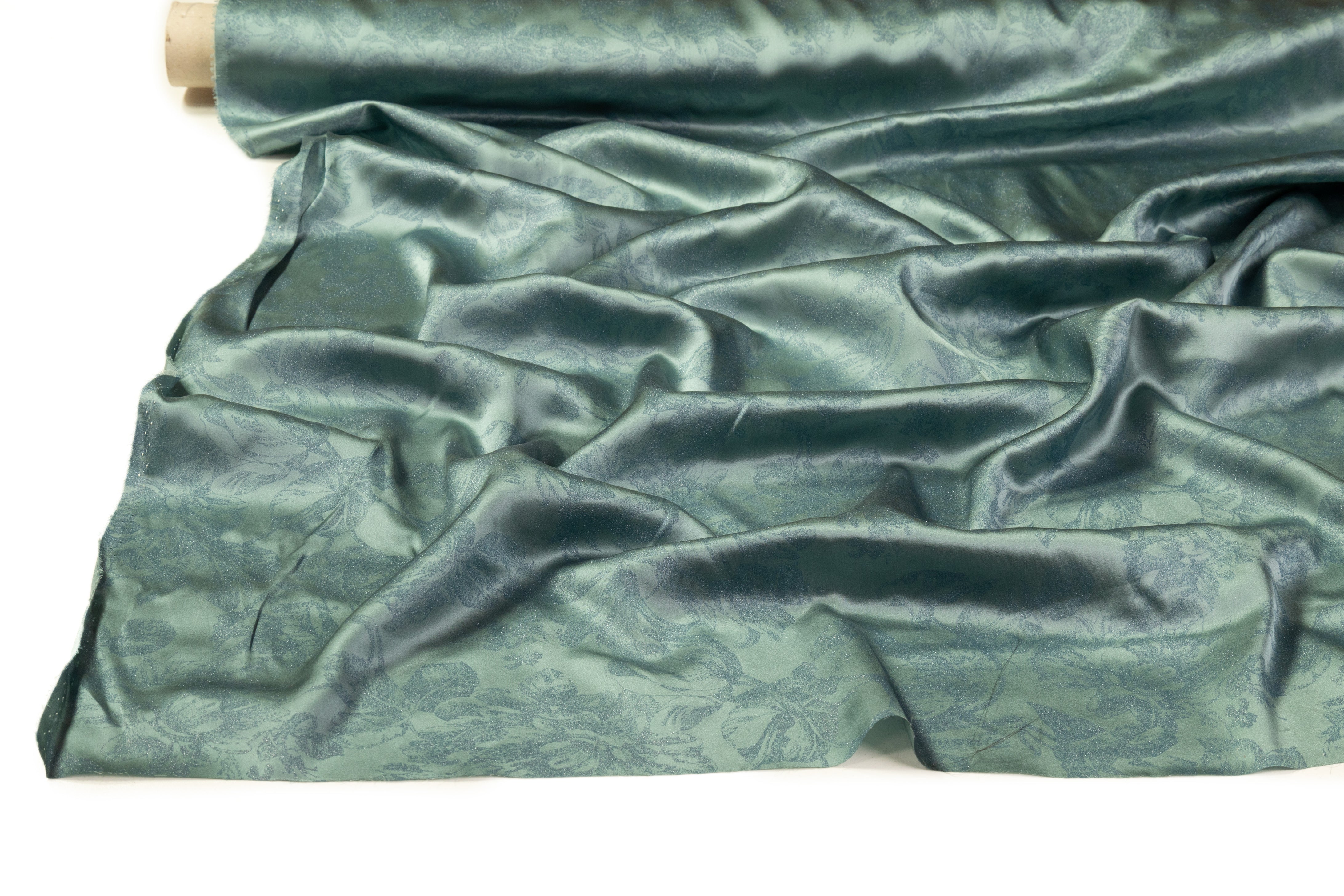 Floral Laminated Italian Silk Charmeuse - Muted Jade