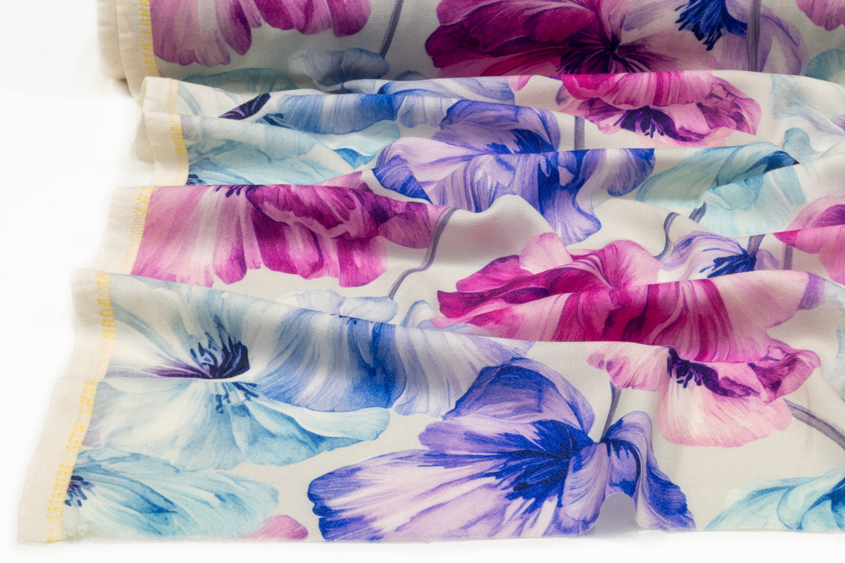 Floral Italian Silk and Wool Twill - Fuchsia / Blue