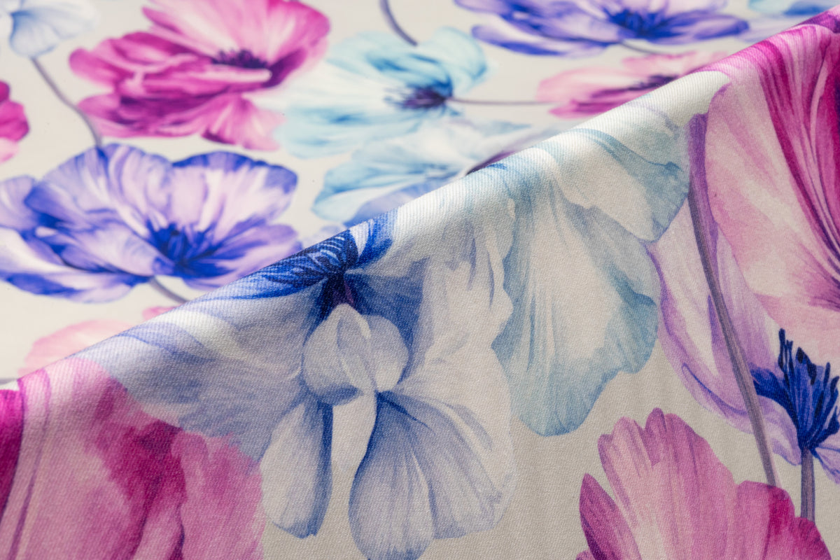 Floral Italian Silk and Wool Twill - Fuchsia / Blue
