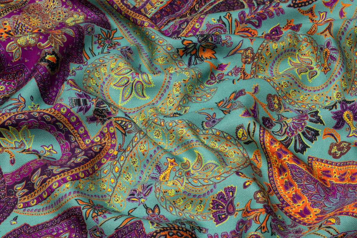 Paisley Printed Italian Silk and Wool - Violet / Orange / Turquoise